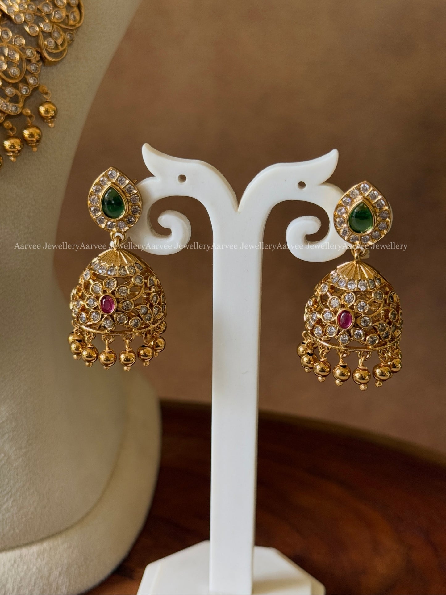 CZ GREEN STONE HARAM SET WITH GOLD BEADS