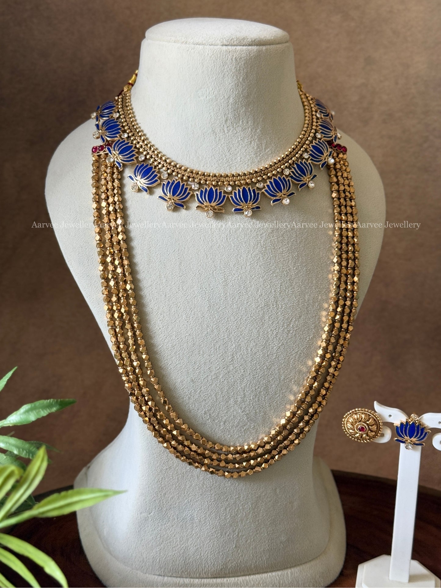 COMBO - BLUE COLOR GOLD CHAIN LOTUS NECKLACE WITH GOLD BEADED LAYERED MALA SET