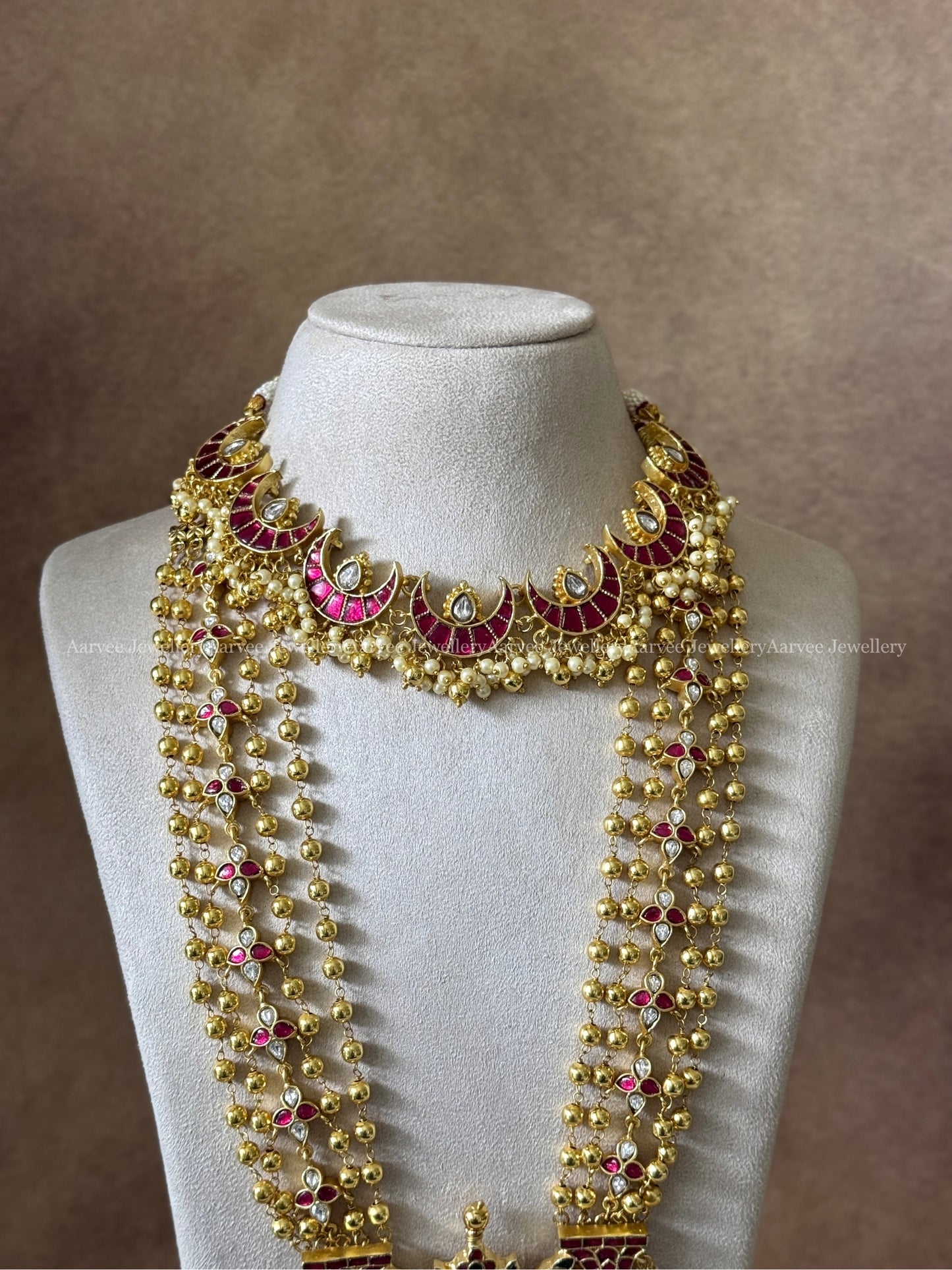 COMBO - JADAU KUNDAN RUBY STONE CHAND NECKLACE WITH GOLD BEADED LAYERED MID LENGTH HARAM SET WITH PEACOCK PENDANT