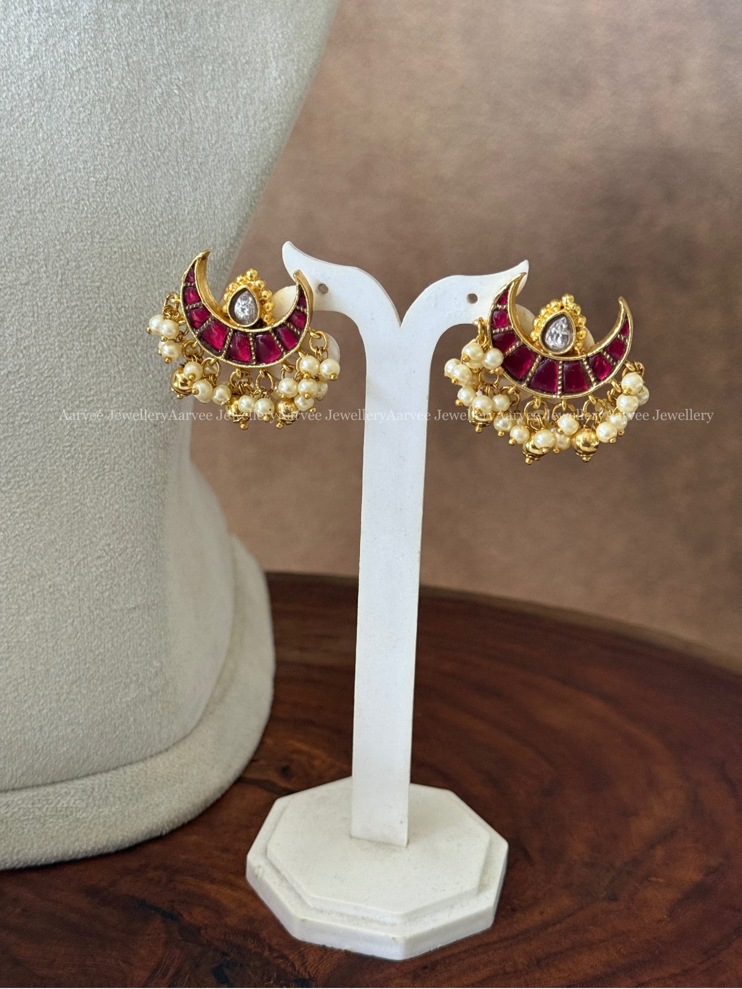 JADAU KUNDAN PINK STONE HALF MOON NECKLACE SET WITH PEARLS