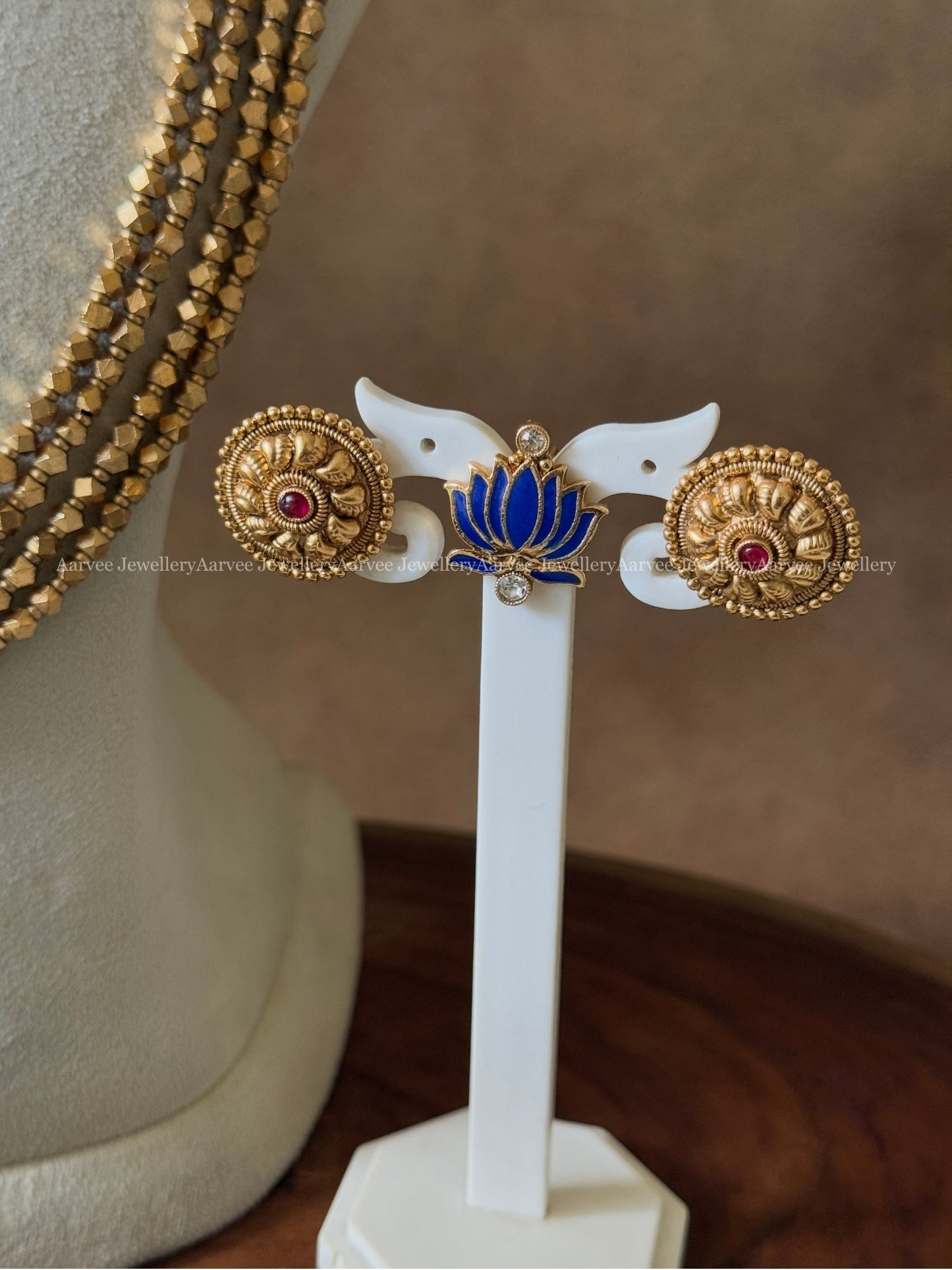 COMBO - BLUE COLOR GOLD CHAIN LOTUS NECKLACE WITH GOLD BEADED LAYERED MALA SET