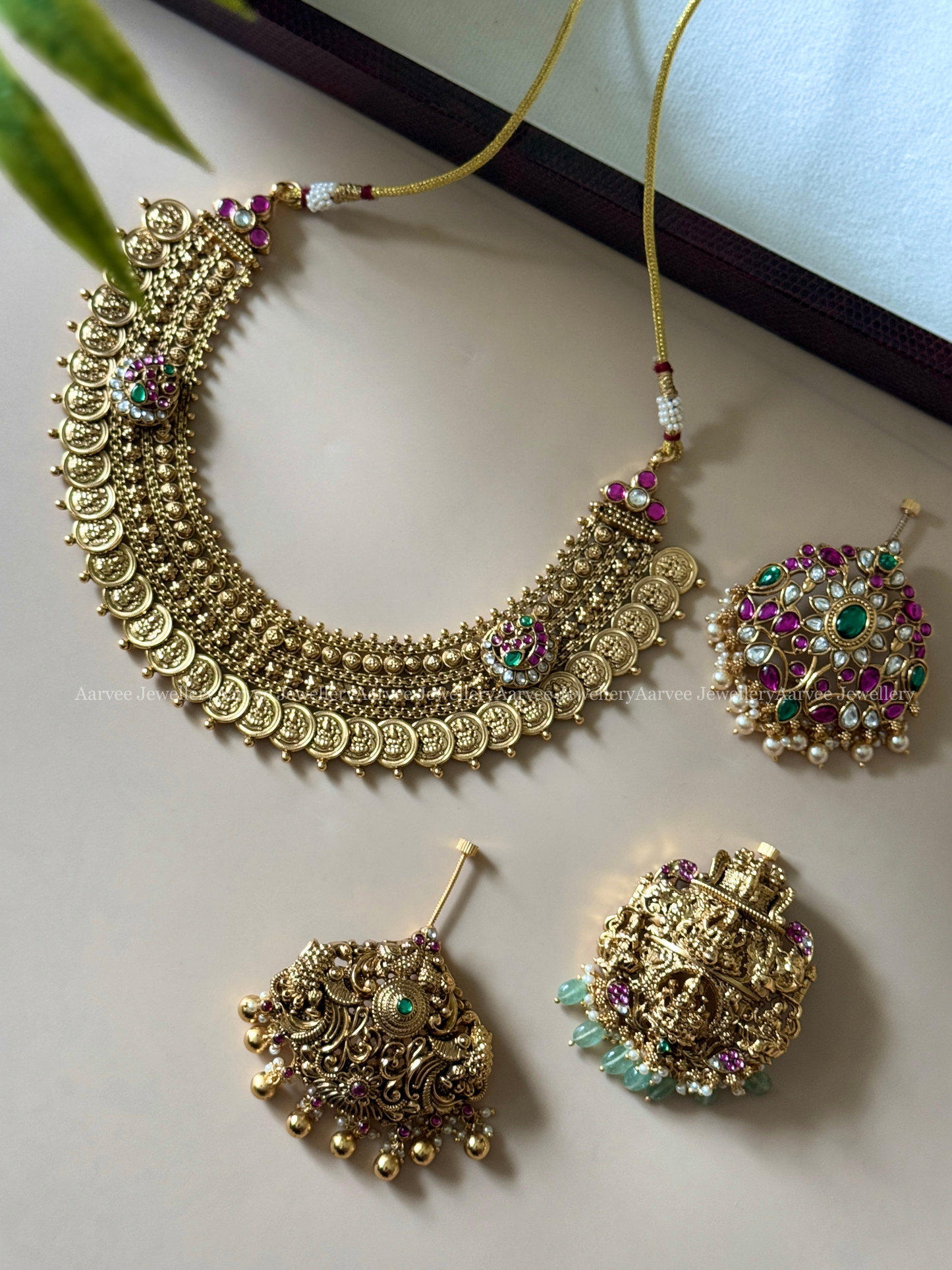 ANTIQUE GOLD STATEMENT COIN NECKLACE SET WITH 3 DETACHABLE PENDANT IN KUNDAN STONE & PASTEL BEADS