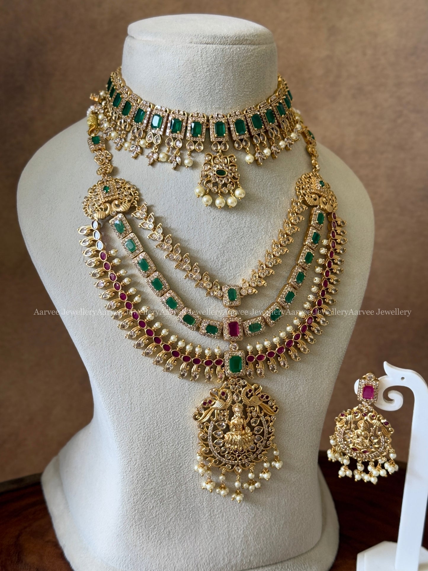 COMBO - CZ GREEN STONE CHOKER PAIRED WITH CZ LAYERED NECKLACE SET WITH LAKSHMI PRNDANT