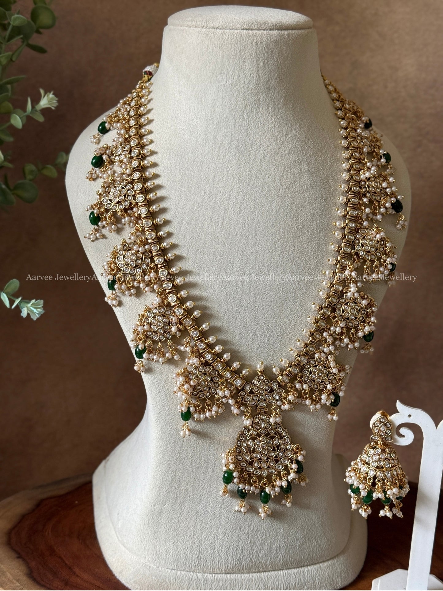 KUNDAN WHITE STONE FLORAL GUTTA PUSALU HARAM SET WITH PEARL & GREEN BEADS