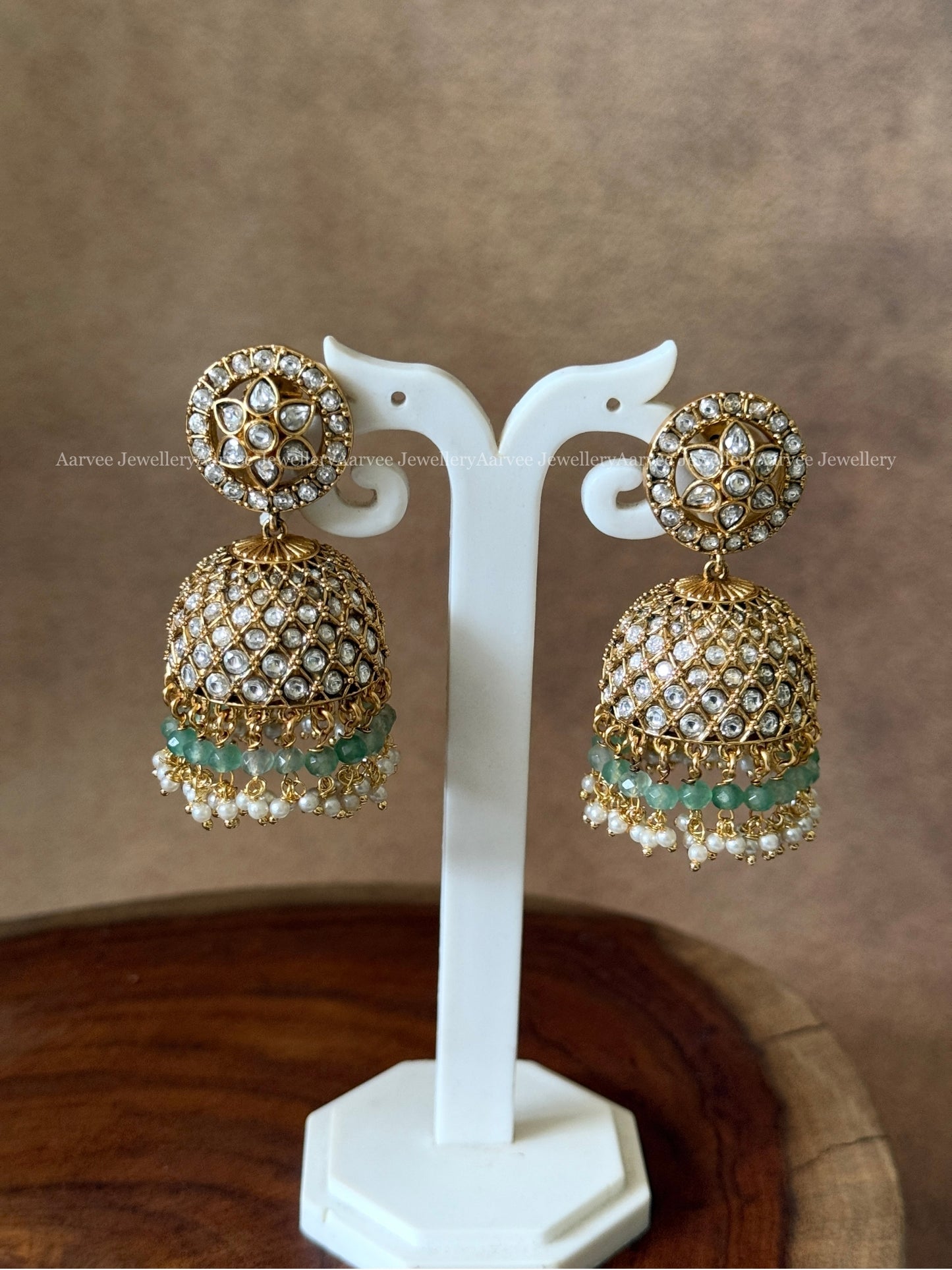PREMIUM KEMP STONE FLORAL JHUMKI WITH WHITE STONE & PASTEL BEADS