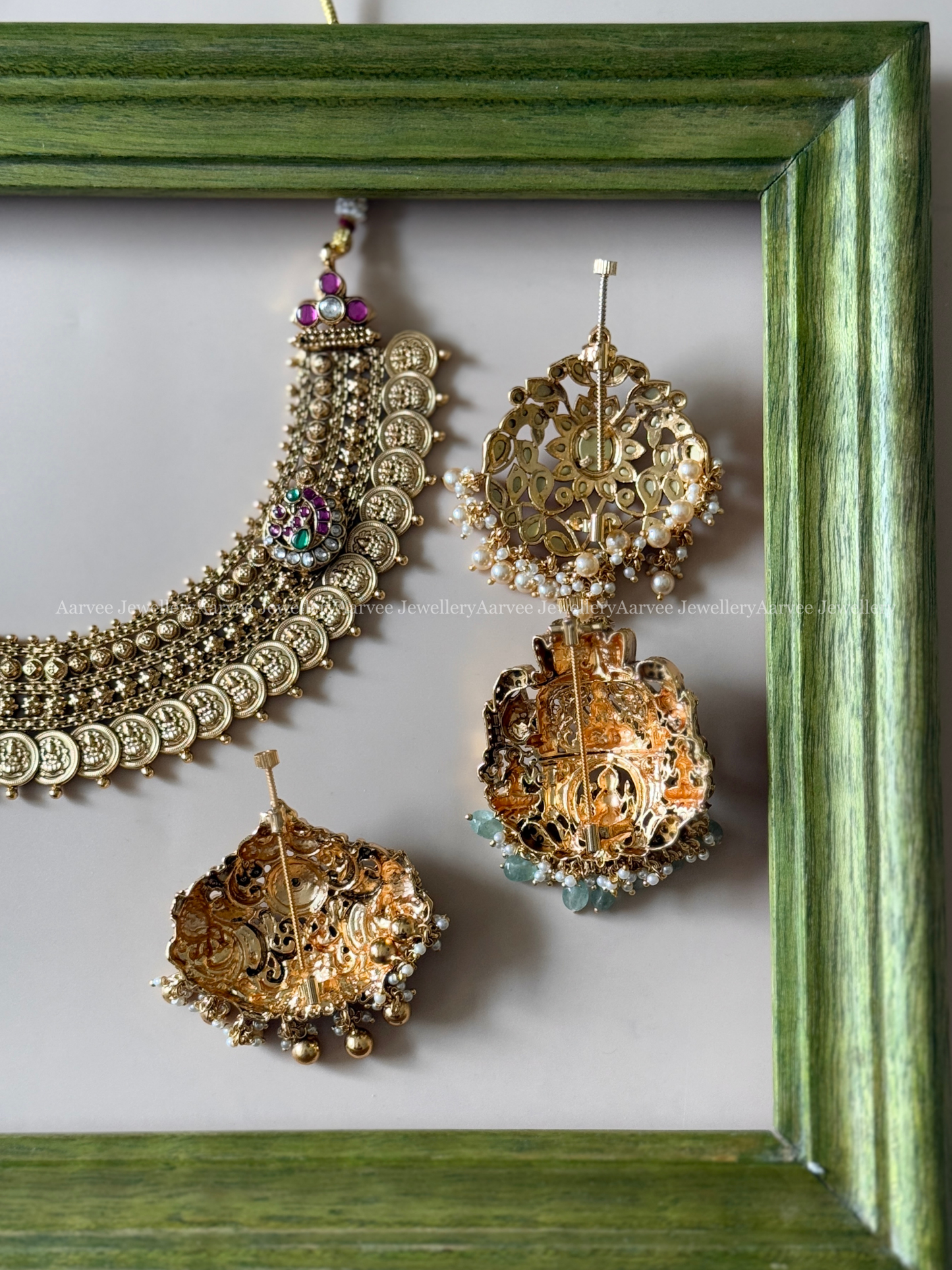 ANTIQUE GOLD STATEMENT COIN NECKLACE SET WITH 3 DETACHABLE PENDANT IN KUNDAN STONE & PASTEL BEADS