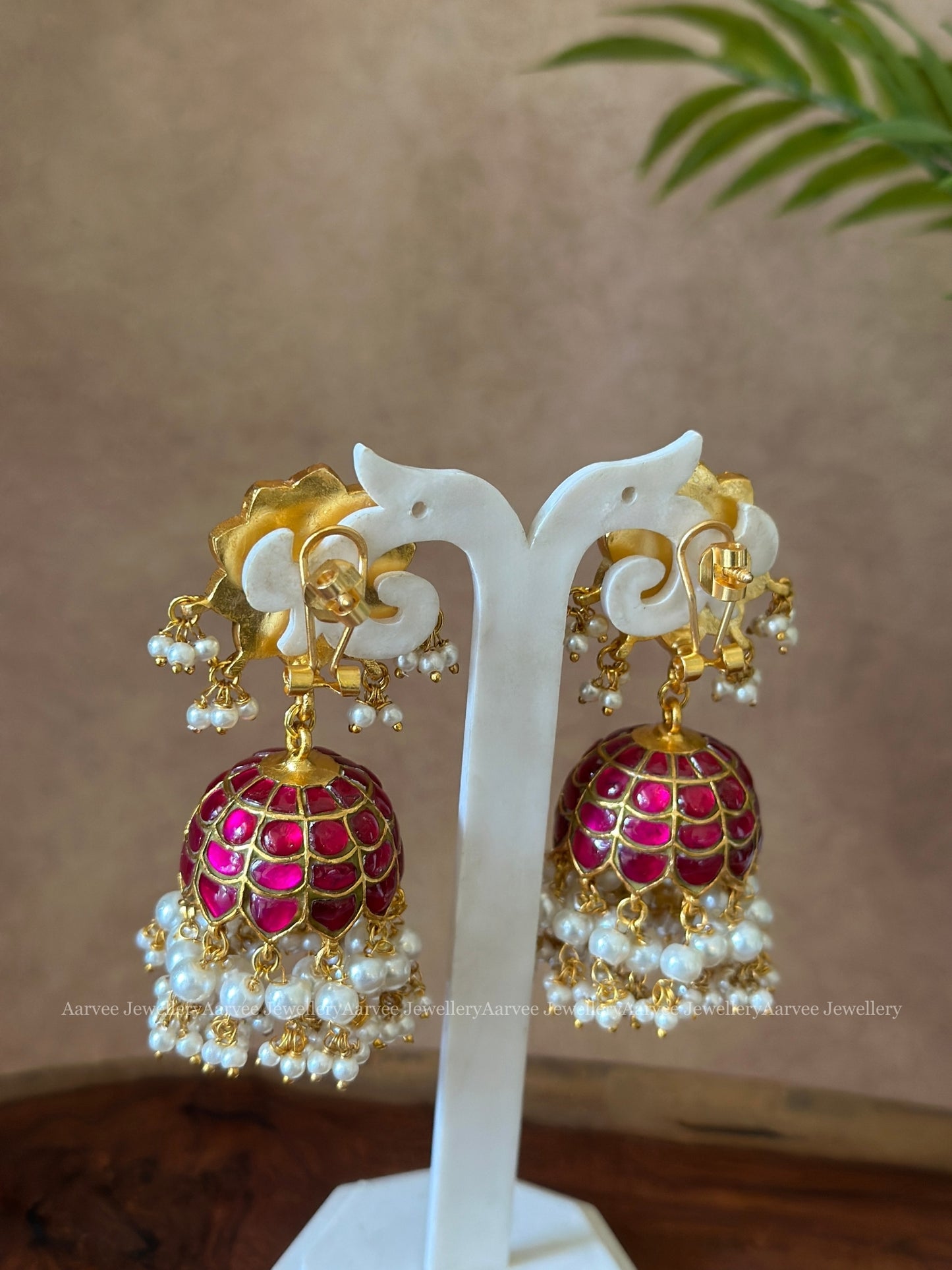 PINK COLOR JADAU KUNDAN FLORAL JHUMKI WITH PEARLS
