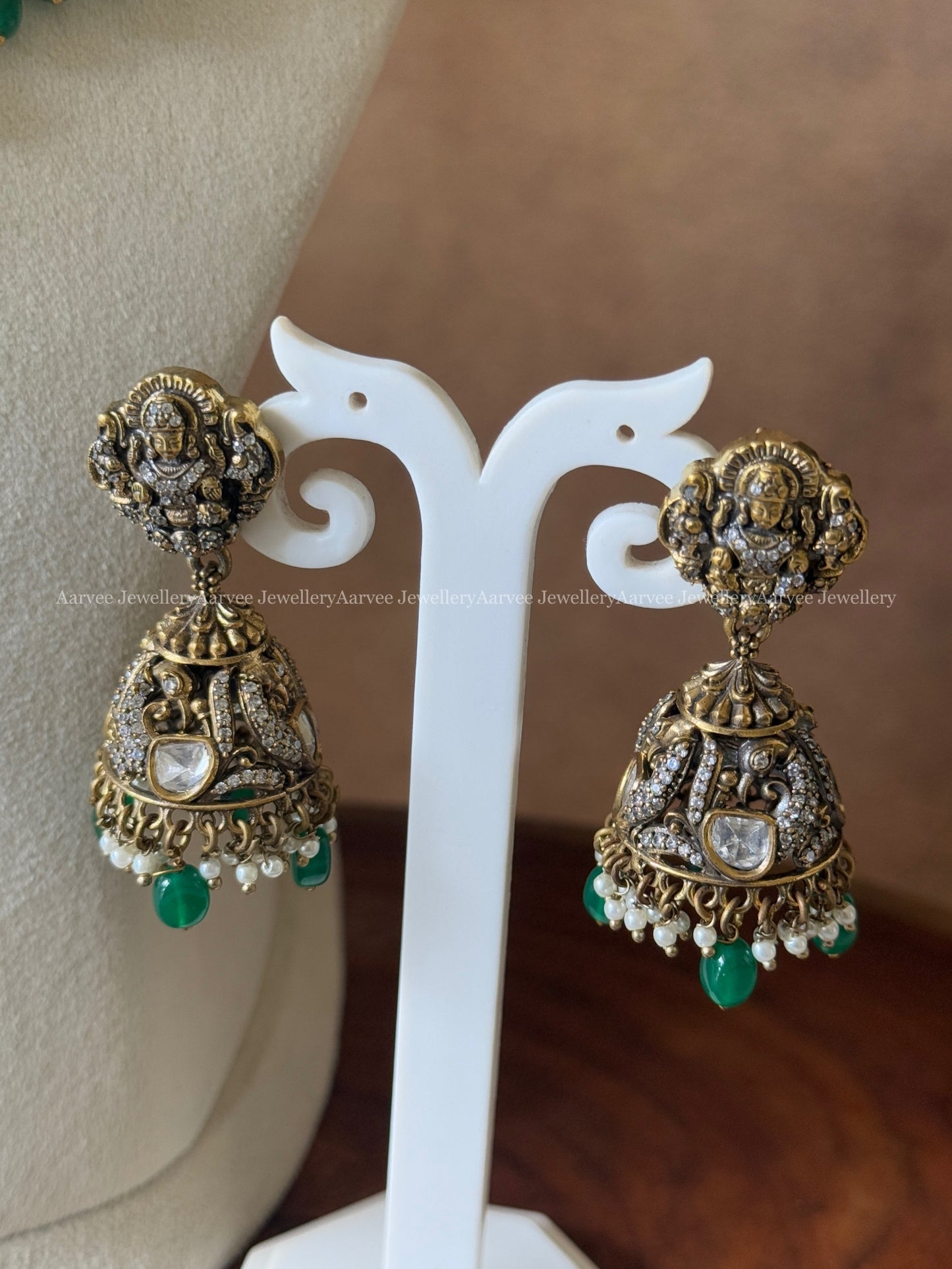 VICTORIAN STATEMENT NECKLACE SET WITH LAKSHMI PENDANT AND GREEN BEADS