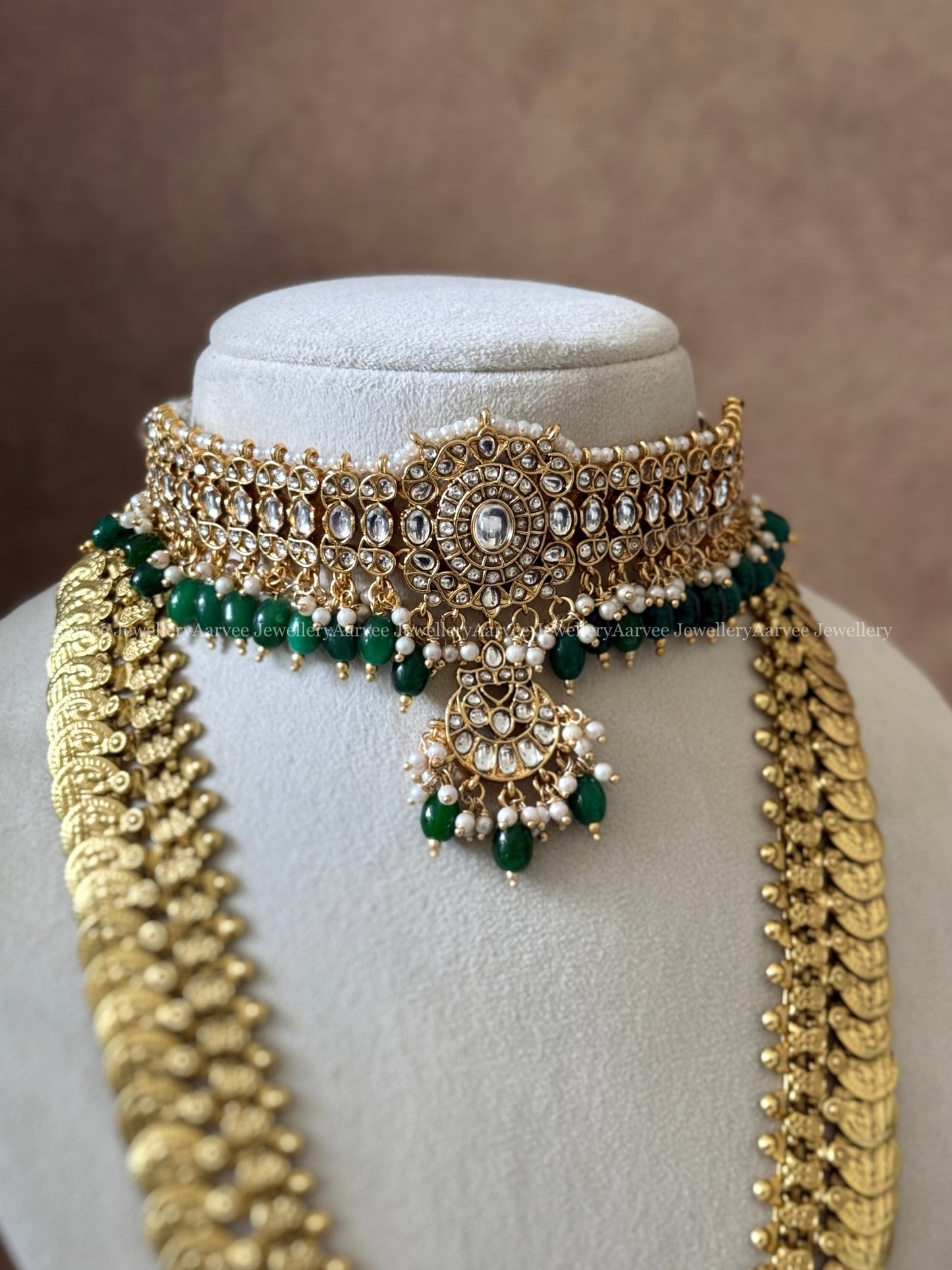 COMBO - WHITE KEMP STONE CHOKER WITH JADAU KUNDAN COIN MIDLENGTH HARAM WITH GREEN BEADS