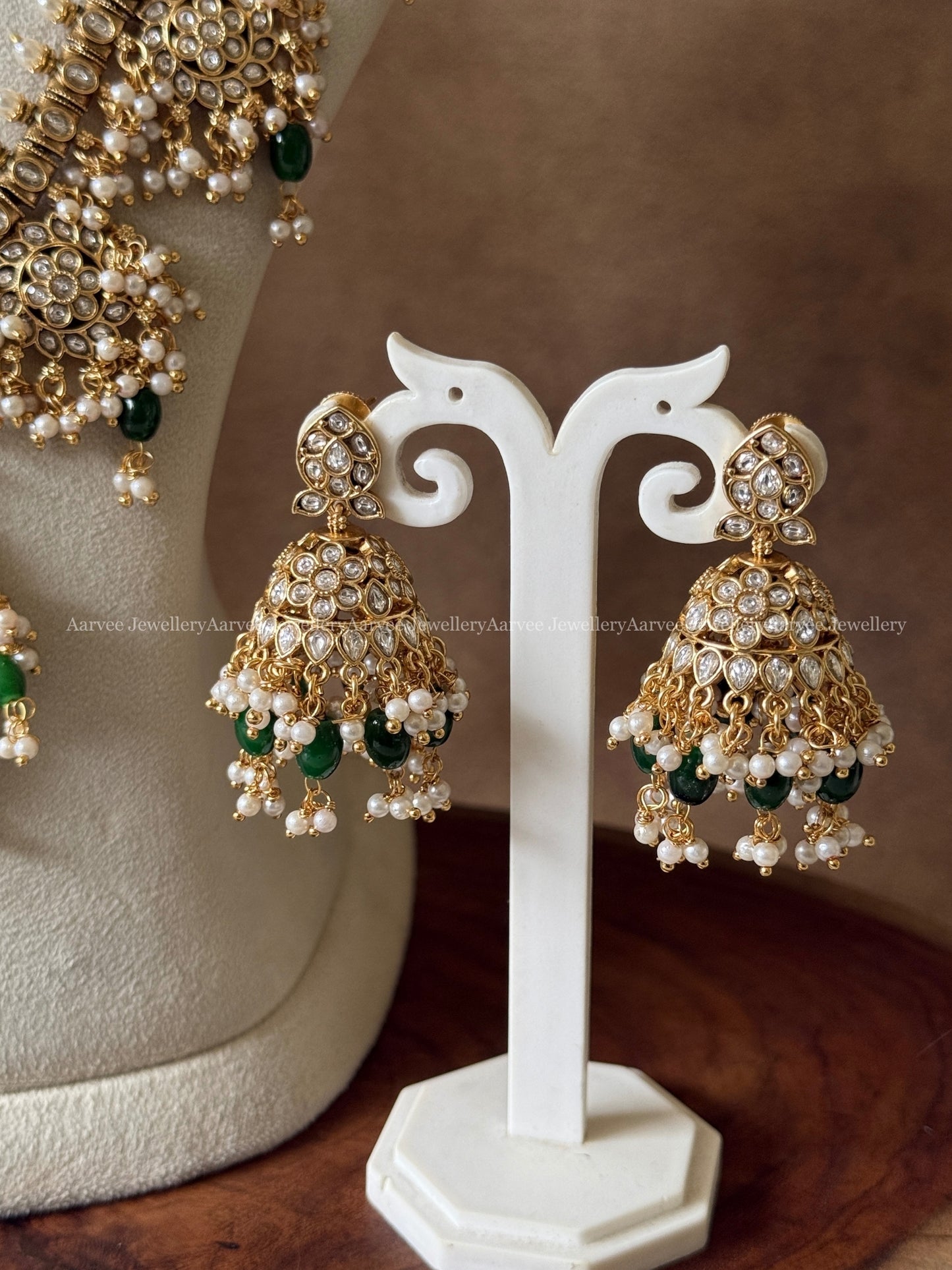 COMBO - KEMP WHITE STONE SINGLE PENDANT CHOKER WITH FLORAL GUTTA PUSALU HARAM SET WITH PEARL & GREEN BEADS