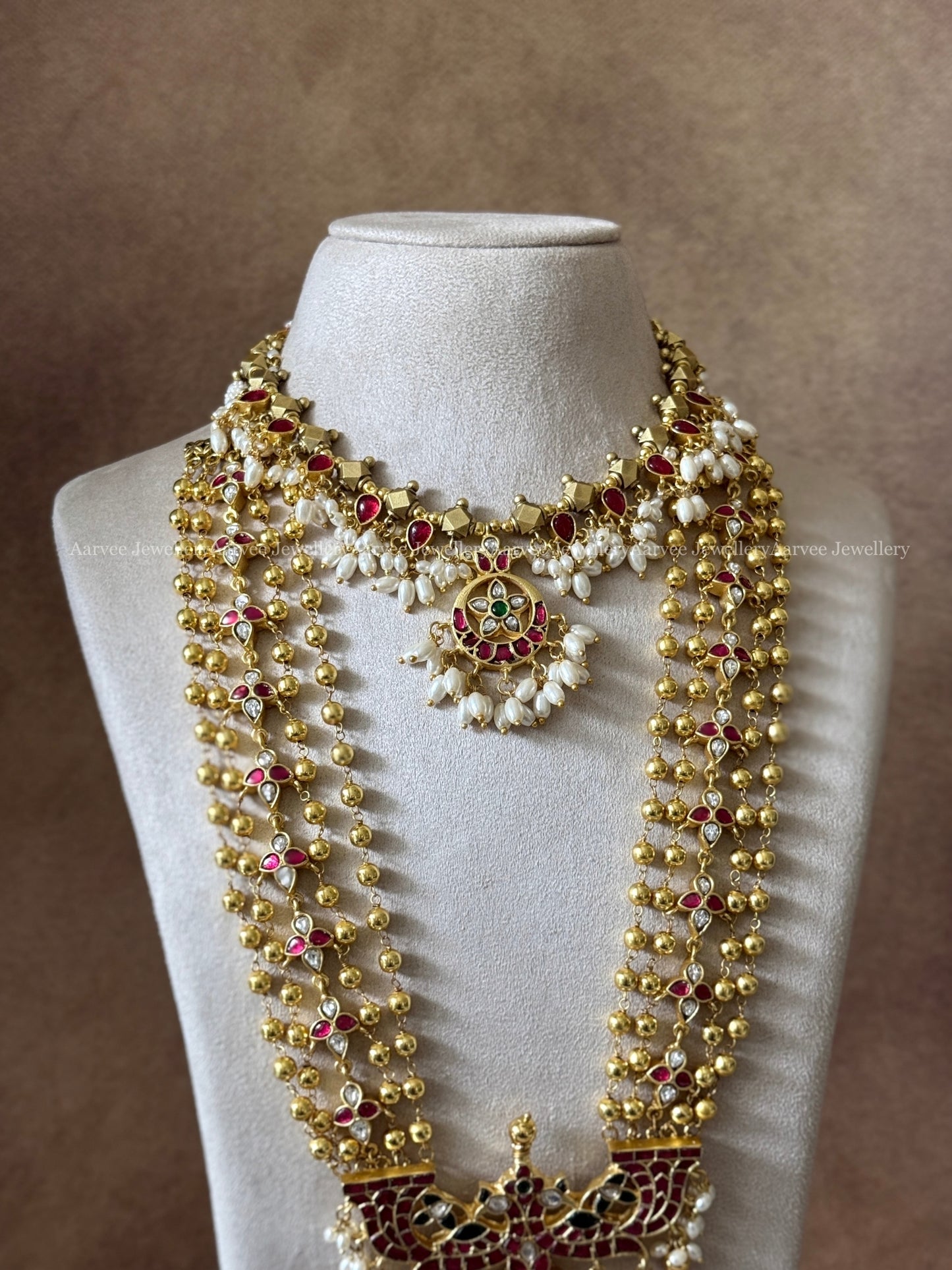 COMBO - JADAU KUNDAN GOLD BALL NECKLACE WITH GOLD BEADED LAYERED MID LENGTH HARAM WITH PEACOCK PENDANT