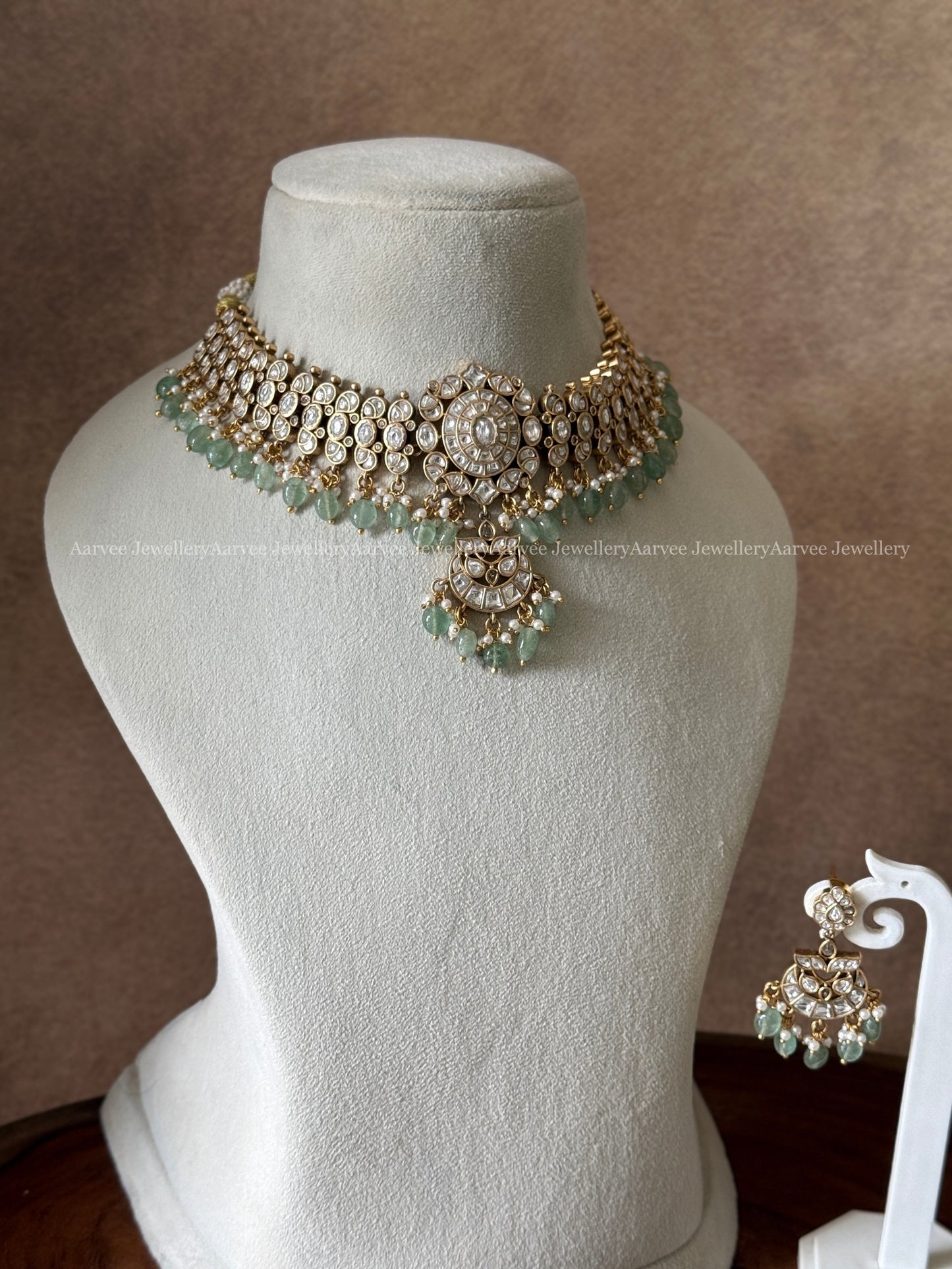 PREMIUM WHITE KUNDAN STONES CHOKER SET WITH PASTEL BEADS