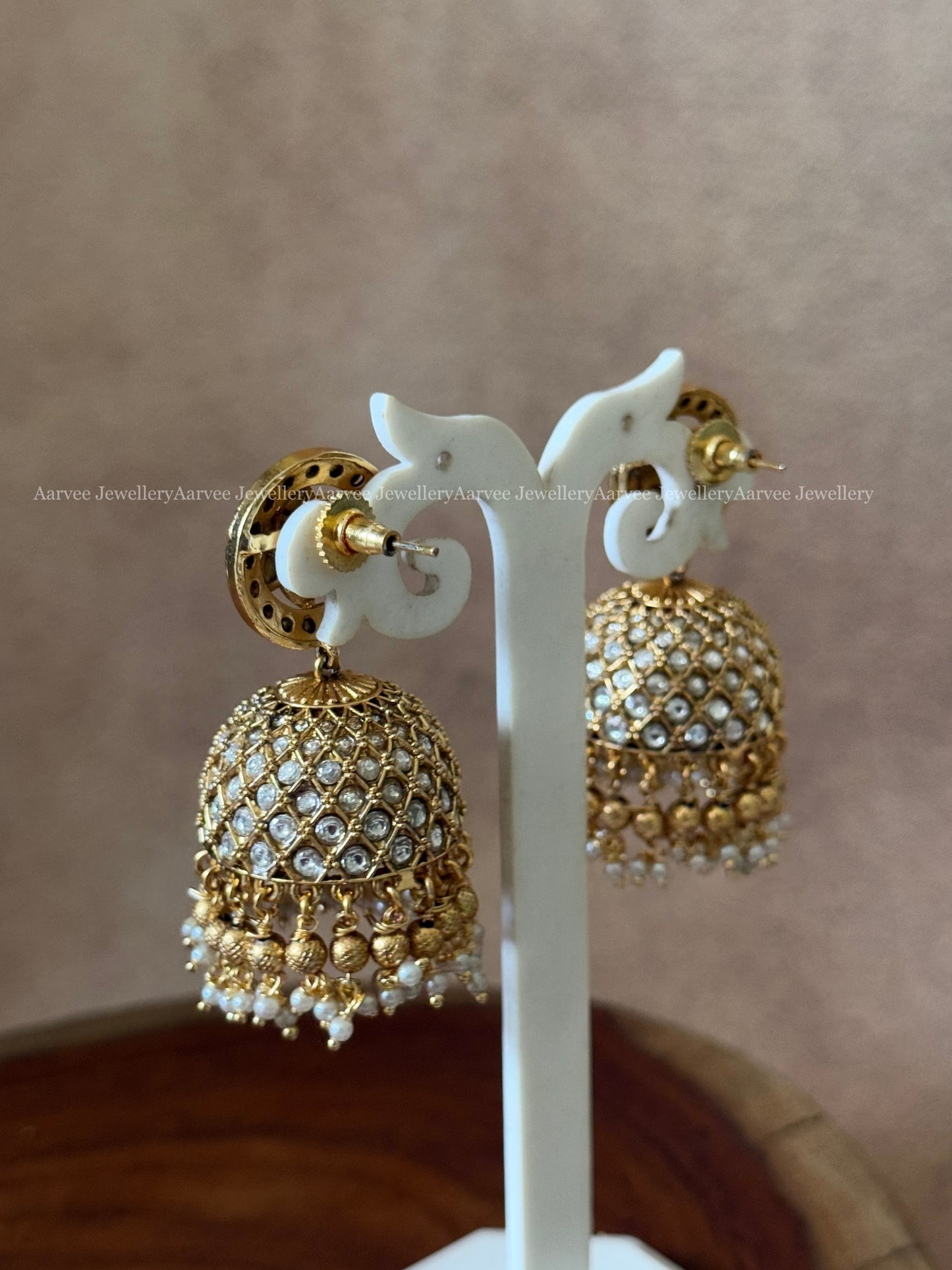 PREMIUM KEMP STONE FLORAL JHUMKI WITH WHITE STONE & GOLD BEADS