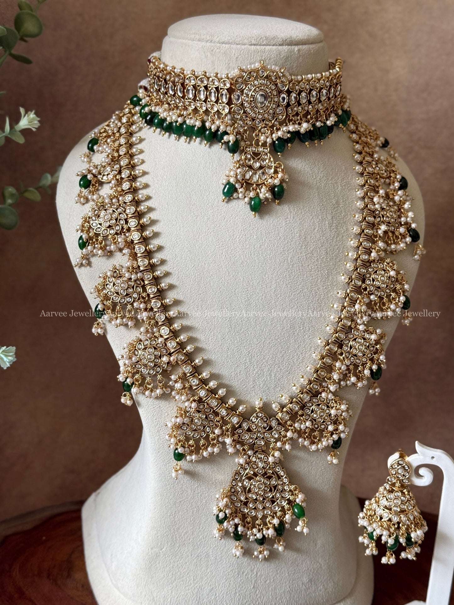 COMBO - KEMP WHITE STONE SINGLE PENDANT CHOKER WITH FLORAL GUTTA PUSALU HARAM SET WITH PEARL & GREEN BEADS