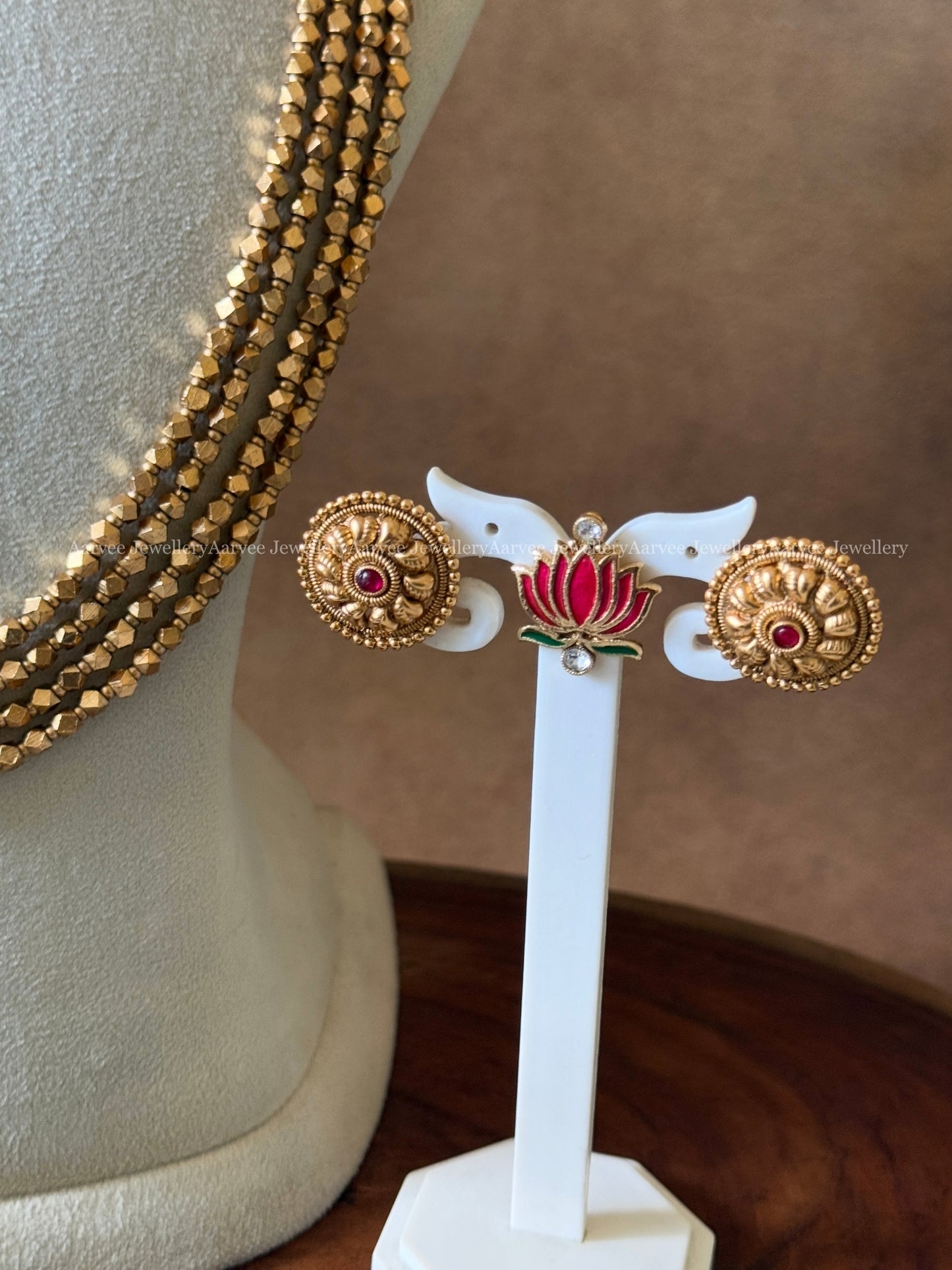 COMBO - PINK COLOR GOLD CHAIN LOTUS NECKLACE WITH GOLD BEADED LAYERED MALA SET
