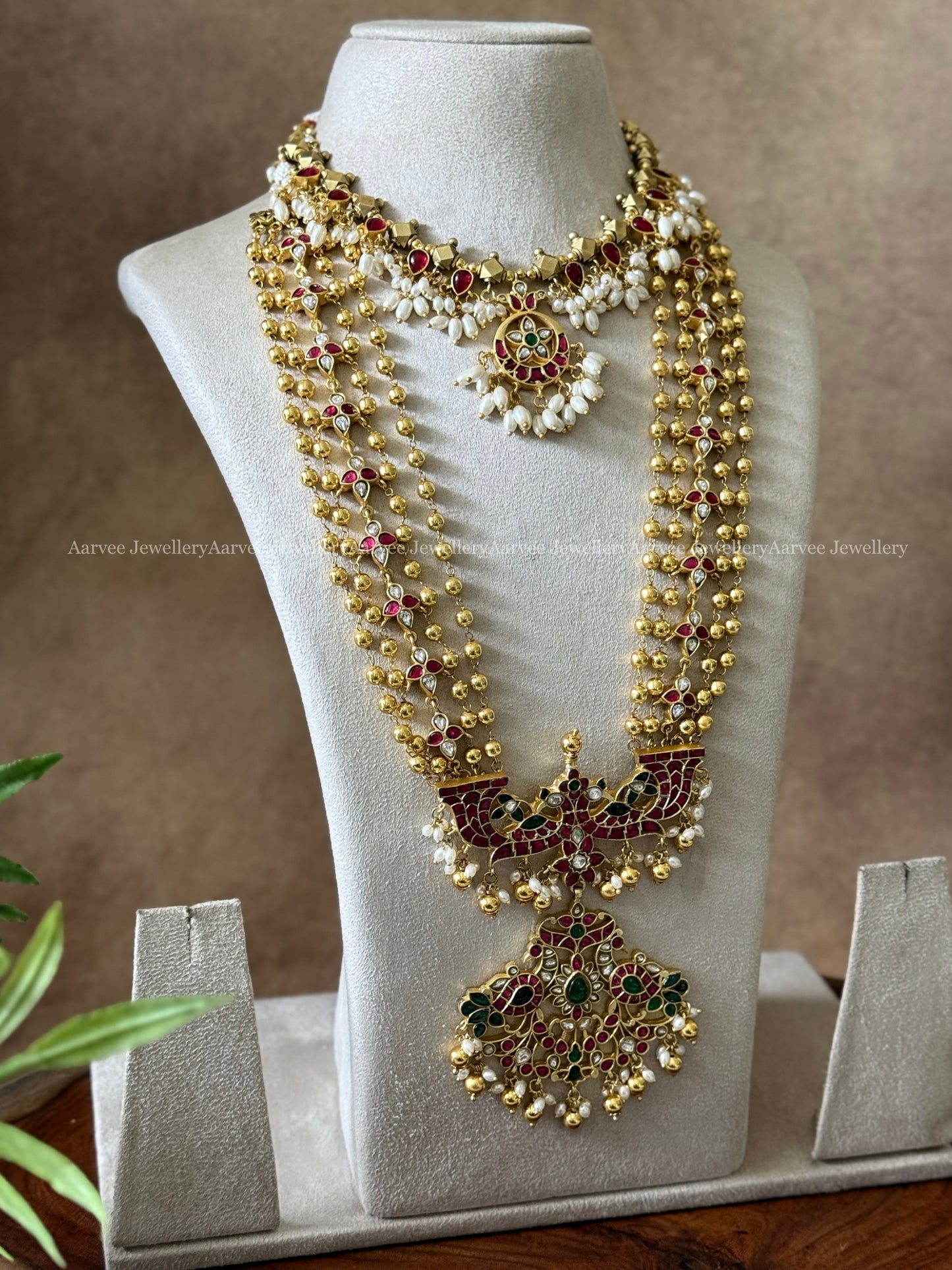 COMBO - JADAU KUNDAN GOLD BALL NECKLACE WITH GOLD BEADED LAYERED MID LENGTH HARAM WITH PEACOCK PENDANT
