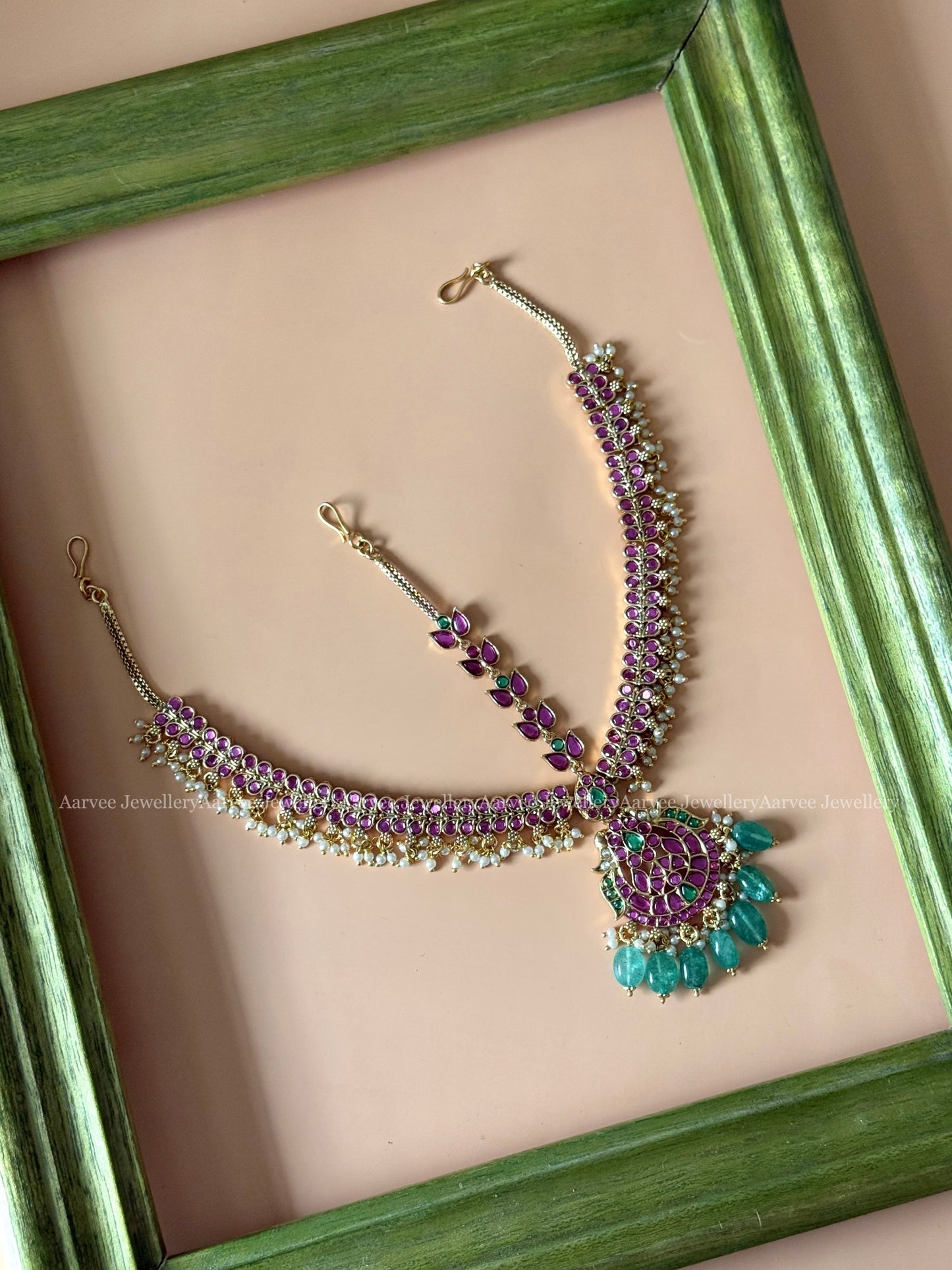 PREMIUM KEMP PINK /GREEN STONES MATHAPATHI WITH PASTEL BEADS