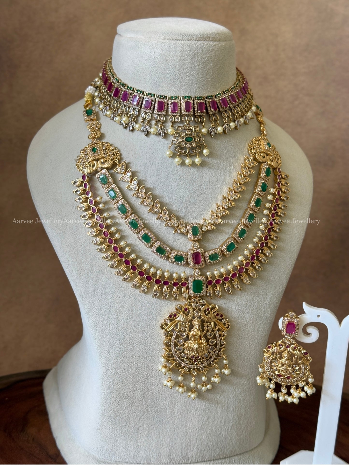 COMBO - CZ PINK STONE CHOKER PAIRED WITH CZ LAYERED NECKLACE SET WITH LAKSHMI PRNDANT