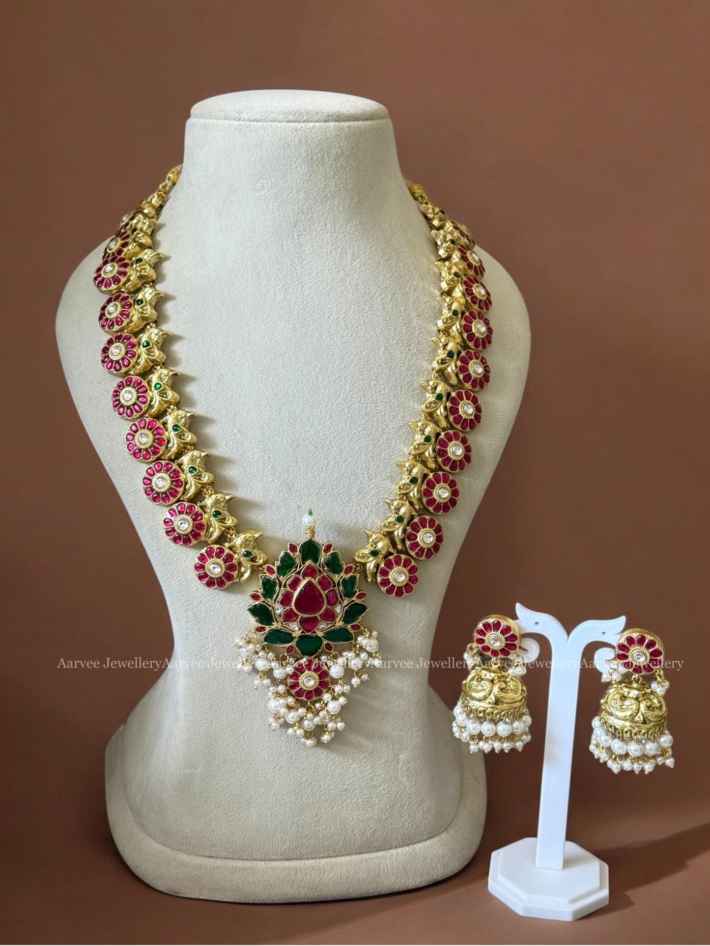 JADAU KUNDAN RUBY / GREEN STONES LOTUS HARAM SET WITH PEARLS