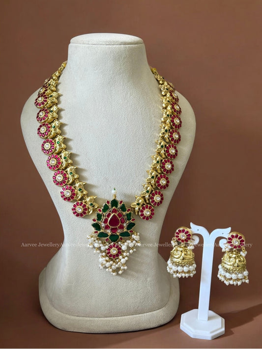 JADAU KUNDAN RUBY / GREEN STONES LOTUS HARAM SET WITH PEARLS