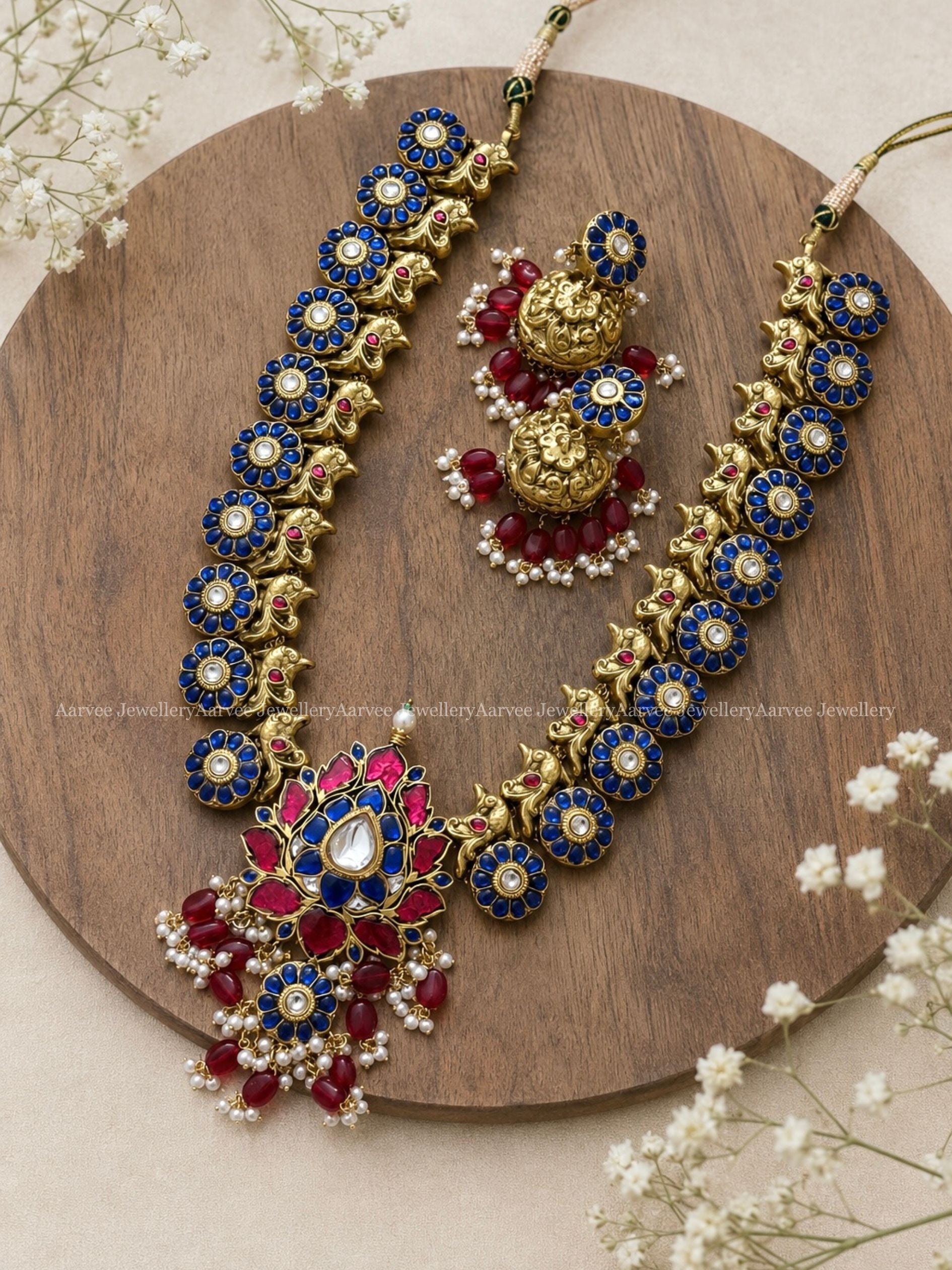 JADAU KUNDAN BLUE BUTTA HARAM SET WITH BLUE/PINK LOTUS PENDANT AND RUBY BEADS