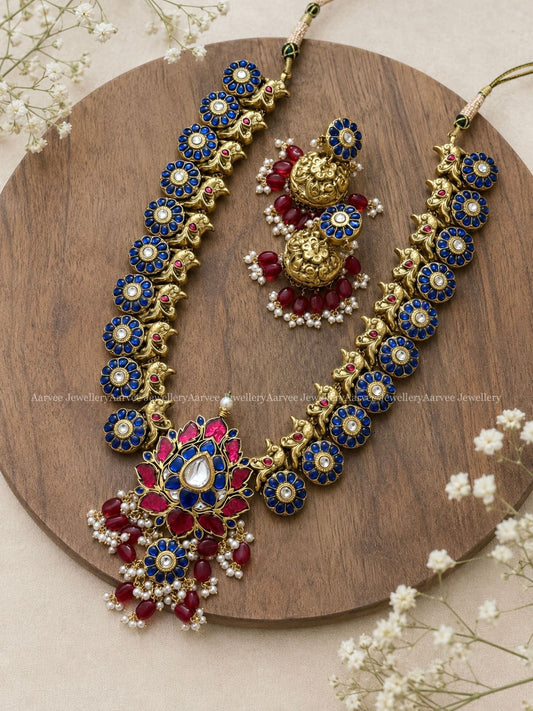JADAU KUNDAN BLUE BUTTA HARAM SET WITH BLUE/PINK LOTUS PENDANT AND RUBY BEADS