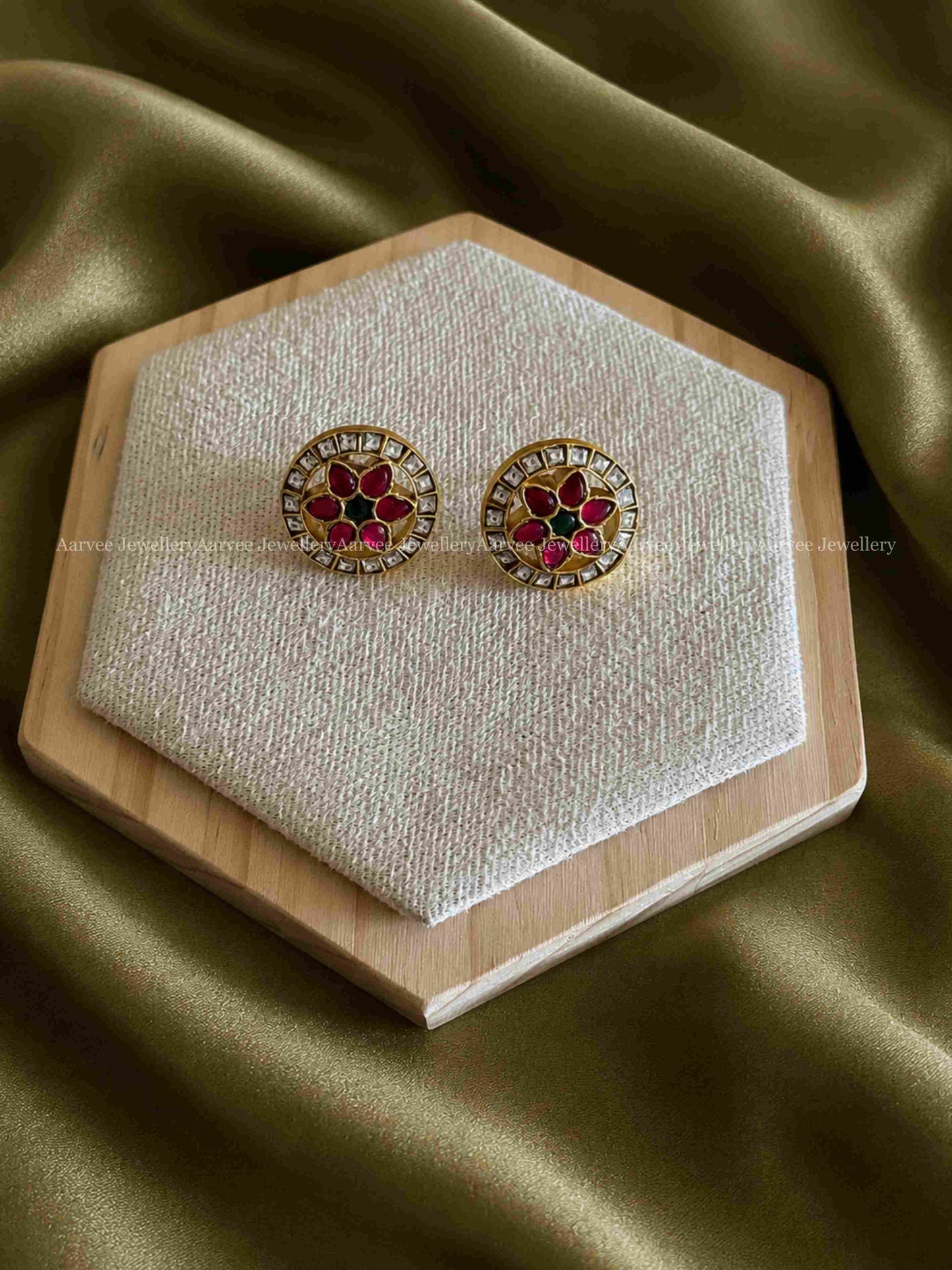 JADAU KUNDAN FLORAL STUDS WITH RUBY/GREEN/WHITE STONES