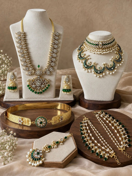 JADAU KUNDAN WHITE / GREEN STONES MANGO CHAND MOTIF BRIDAL JEWELLERY SET 