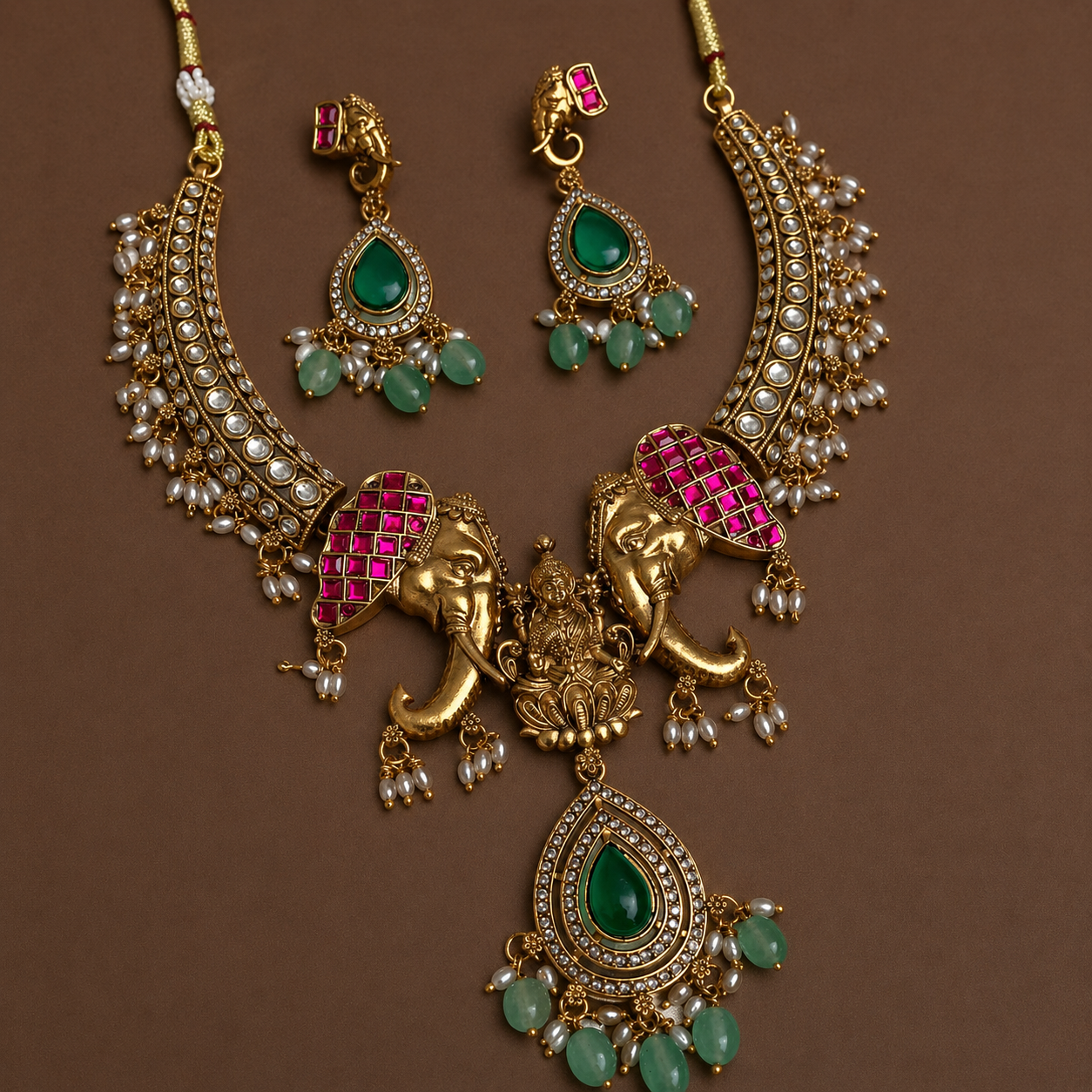 ELEGANT KANTI NECKLACE WITH LAKSHMI AND ELEPHANT DESIGN WITH PASTEL BEADS