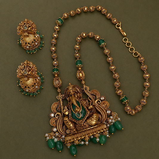 GOLD BEADED MID LENGTH CHAIN SET WITH GREEN STONE GANESHA PENDANT