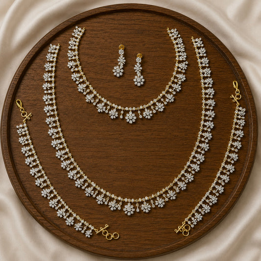 MINIMAL WHITE AD STONES NECKLACE, HARAM AND EAR CHAIN SET