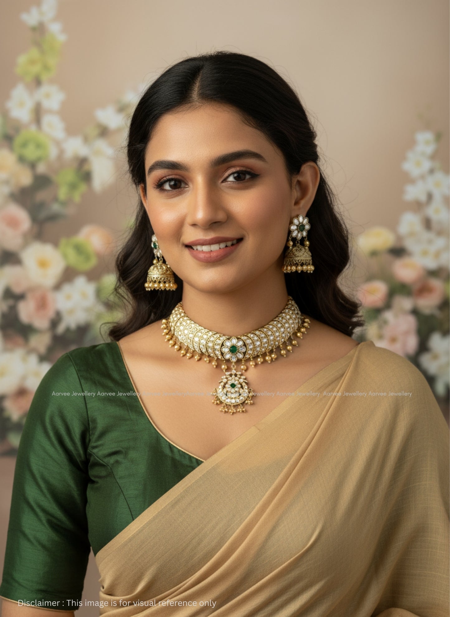 JADAU KUNDAN WHITE STONE HALF MOON & FLORAL NECKLACE WITH JHUMKI