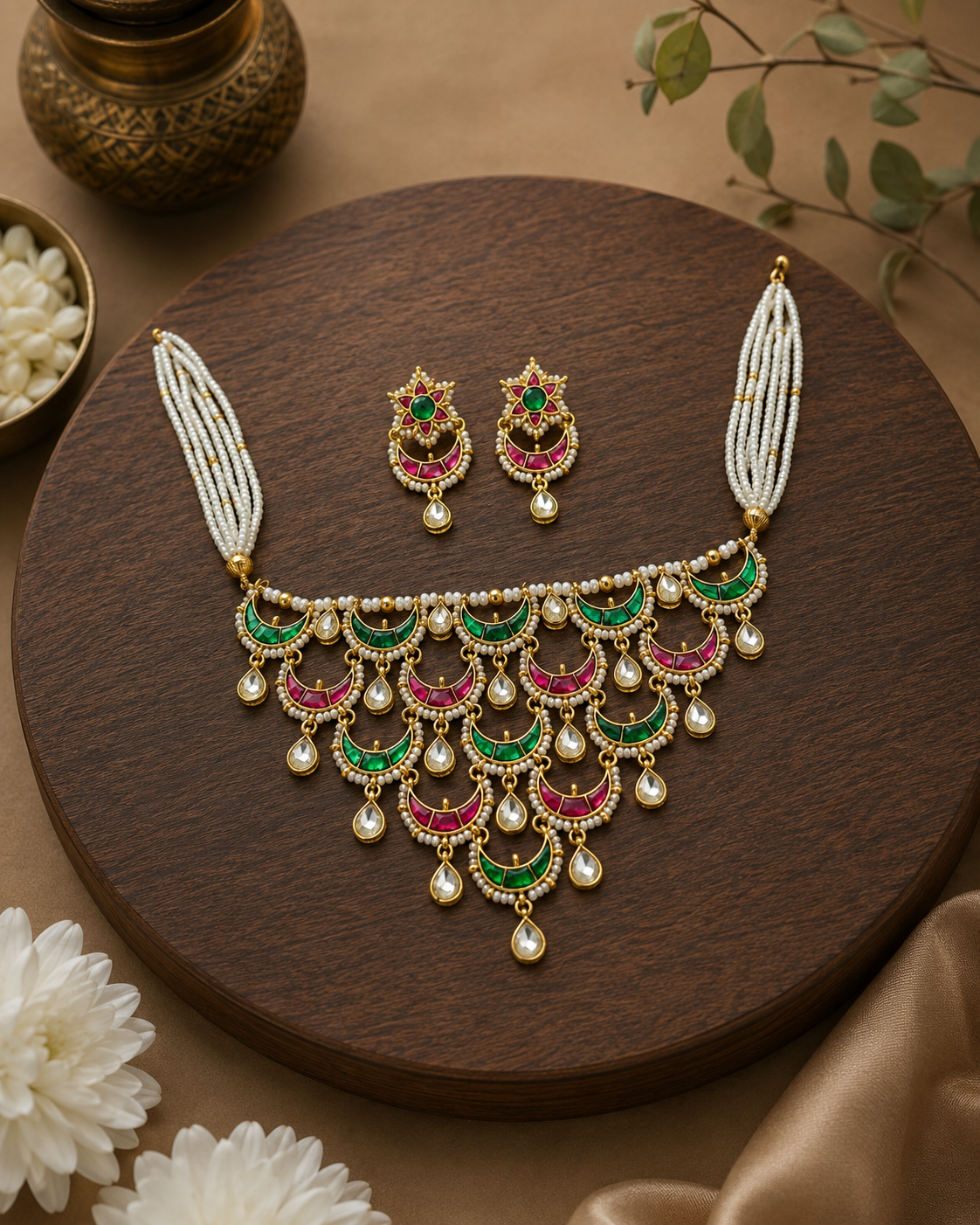POLKI KUNDAN MULTI LAYER PEARL NECKLACE SET IN RUBY / GREEN COLOR