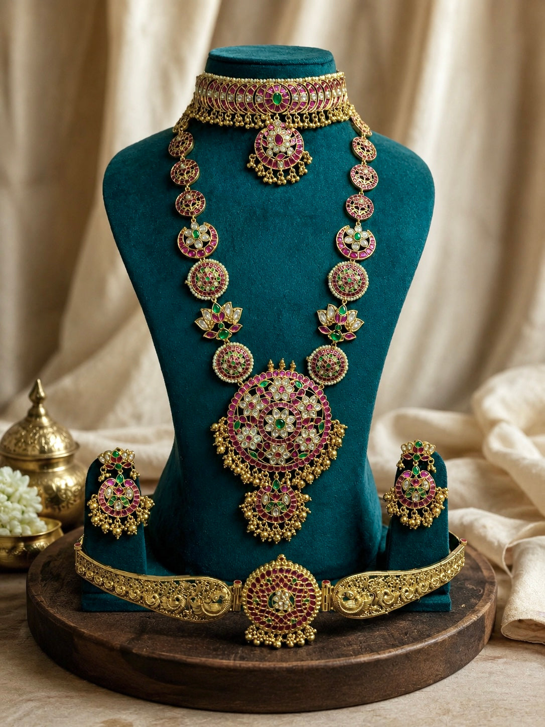 PREMIUM PINK / GREEN KUNDAN LOTUS AND FLORAL BRIDAL JEWELLERY SET WITH GOLD BEADS