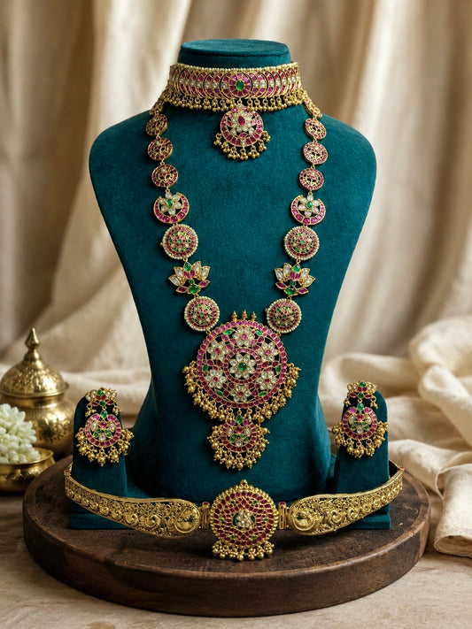 PREMIUM PINK / GREEN KUNDAN LOTUS AND FLORAL BRIDAL JEWELLERY SET WITH GOLD BEADS