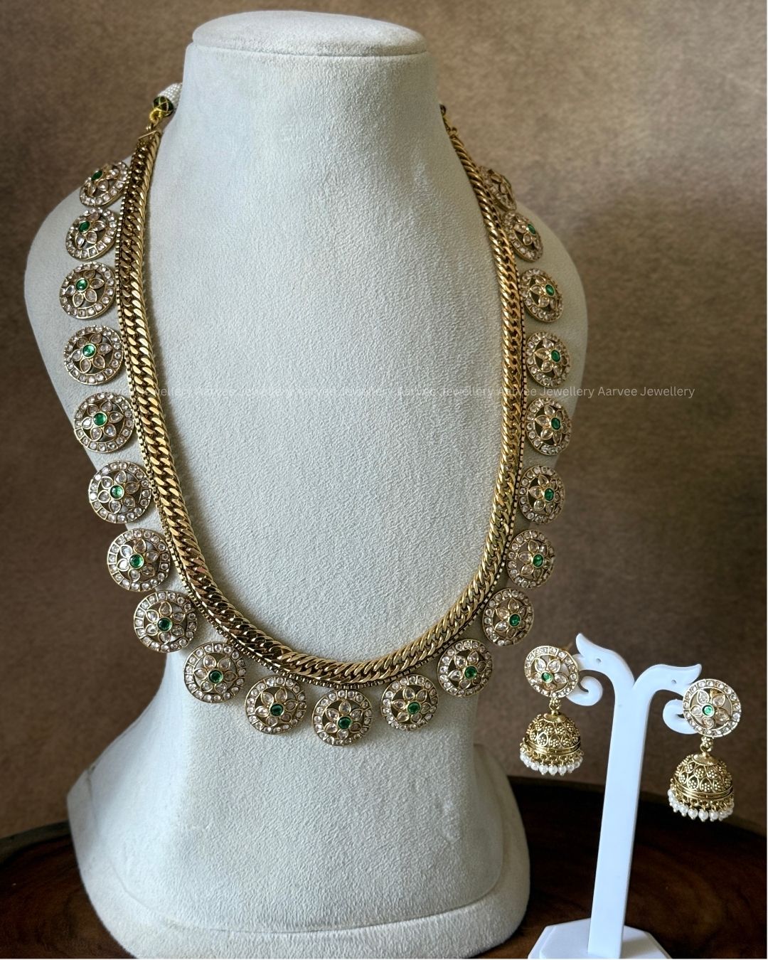 PREMIUM GREEN/WHITE KUNDAN STONE JALEBI STYLE BOTTU MALA HARAM SET
