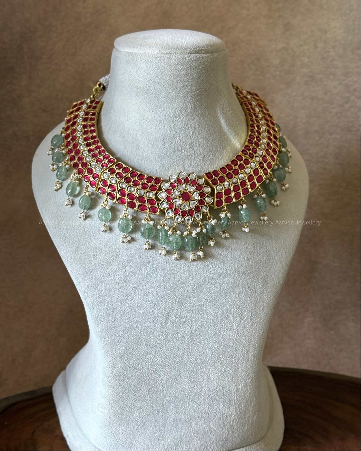 JADAU KUNDAN RUBY STONE FLORAL NECKLACE WITH PASTEL BEADS