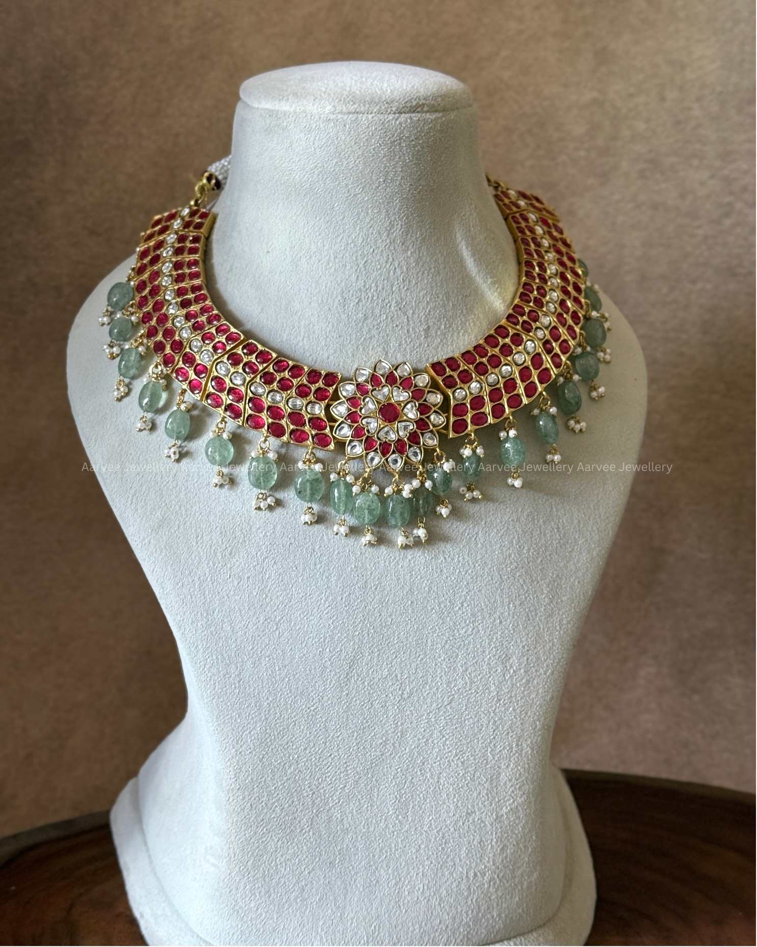 JADAU KUNDAN RUBY STONE FLORAL NECKLACE WITH PASTEL BEADS