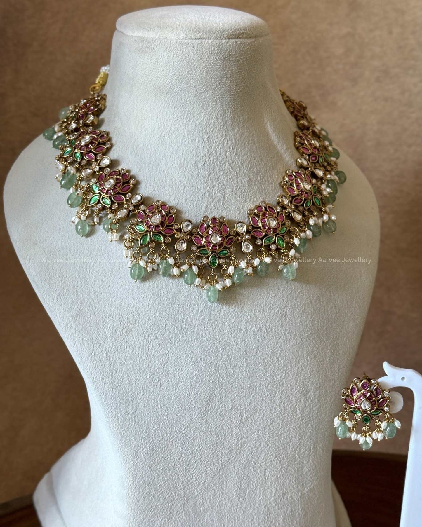 PREMIUM PINK/GREEN KUNDAN STONE LOTUS NECKLACE SET WITH PASTEL BEADS