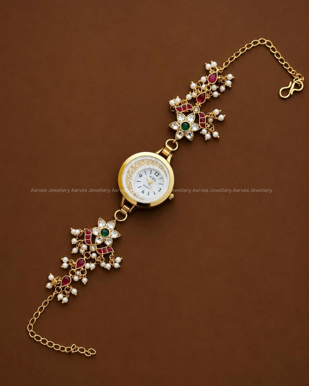 ANTIQUE JADAU KUNDAN PINK / WHITE STONES WATCH BRACELET WITH FLORAL MOTIF