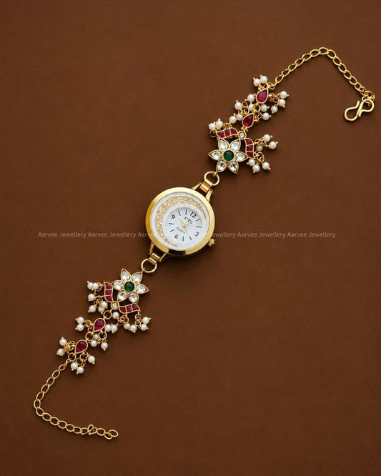 ANTIQUE JADAU KUNDAN PINK / WHITE STONES WATCH BRACELET WITH FLORAL MOTIF