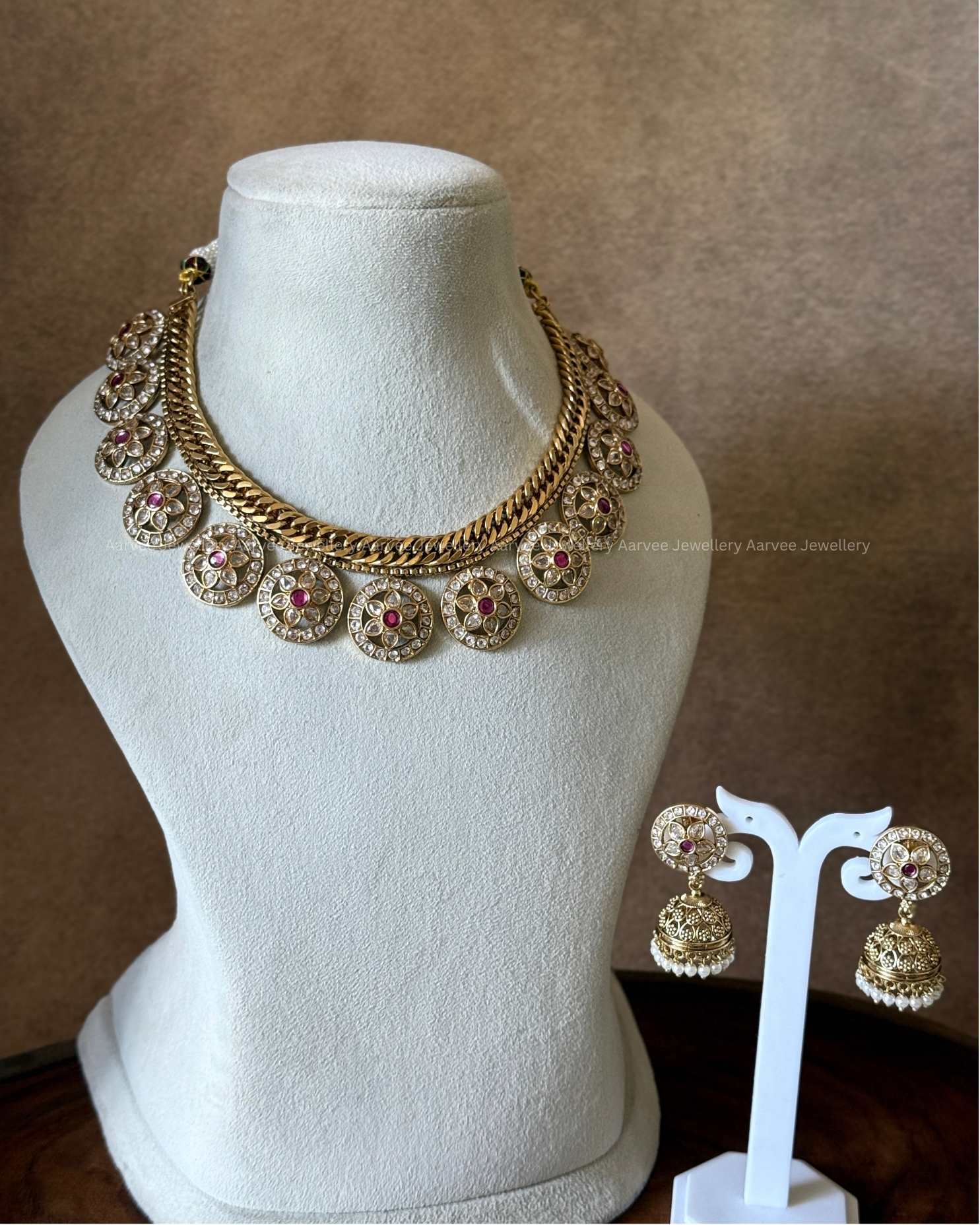 PREMIUM PINK/WHITE KUNDAN STONE JALEBI STYLE BOTTU MALA NECKLACE SET