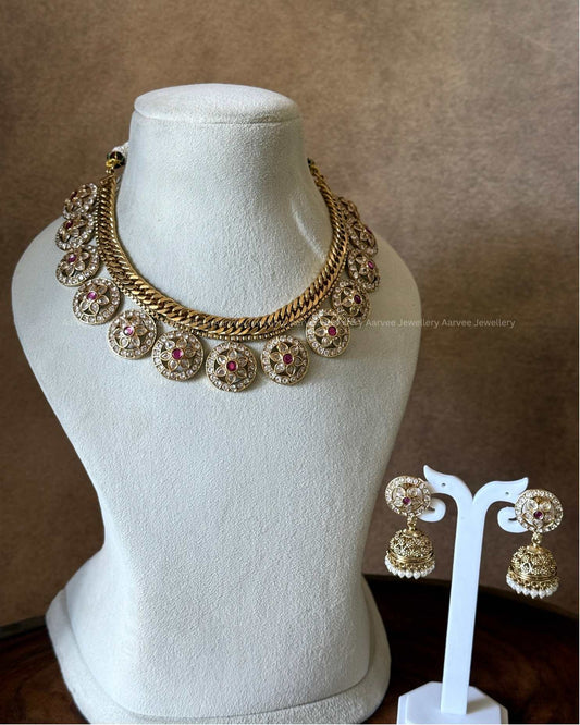 PREMIUM PINK/WHITE KUNDAN STONE JALEBI STYLE BOTTU MALA NECKLACE SET