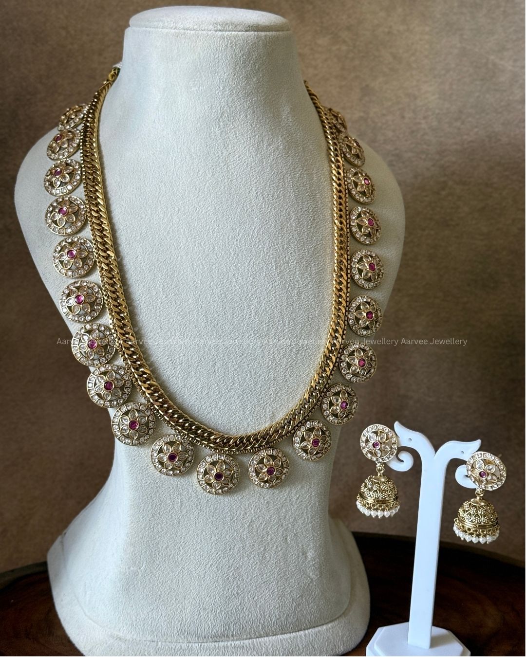 PREMIUM PINK/WHITE KUNDAN STONE JALEBI STYLE BOTTU MALA HARAM SET