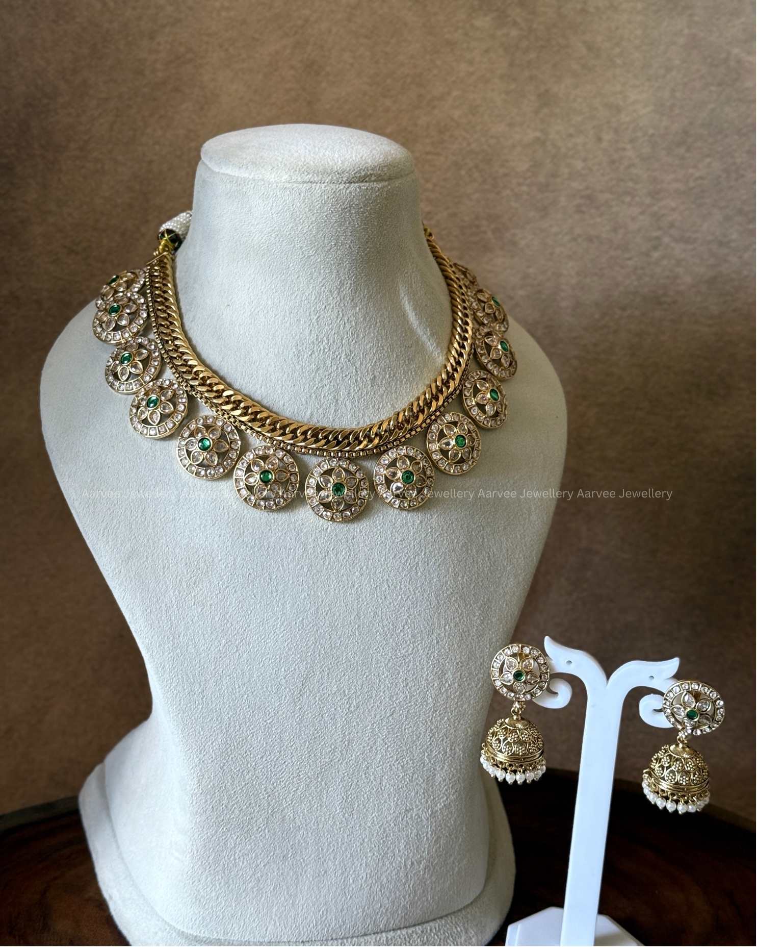 PREMIUM GREEN/WHITE KUNDAN STONE JALEBI STYLE BOTTU MALA NECKLACE SET