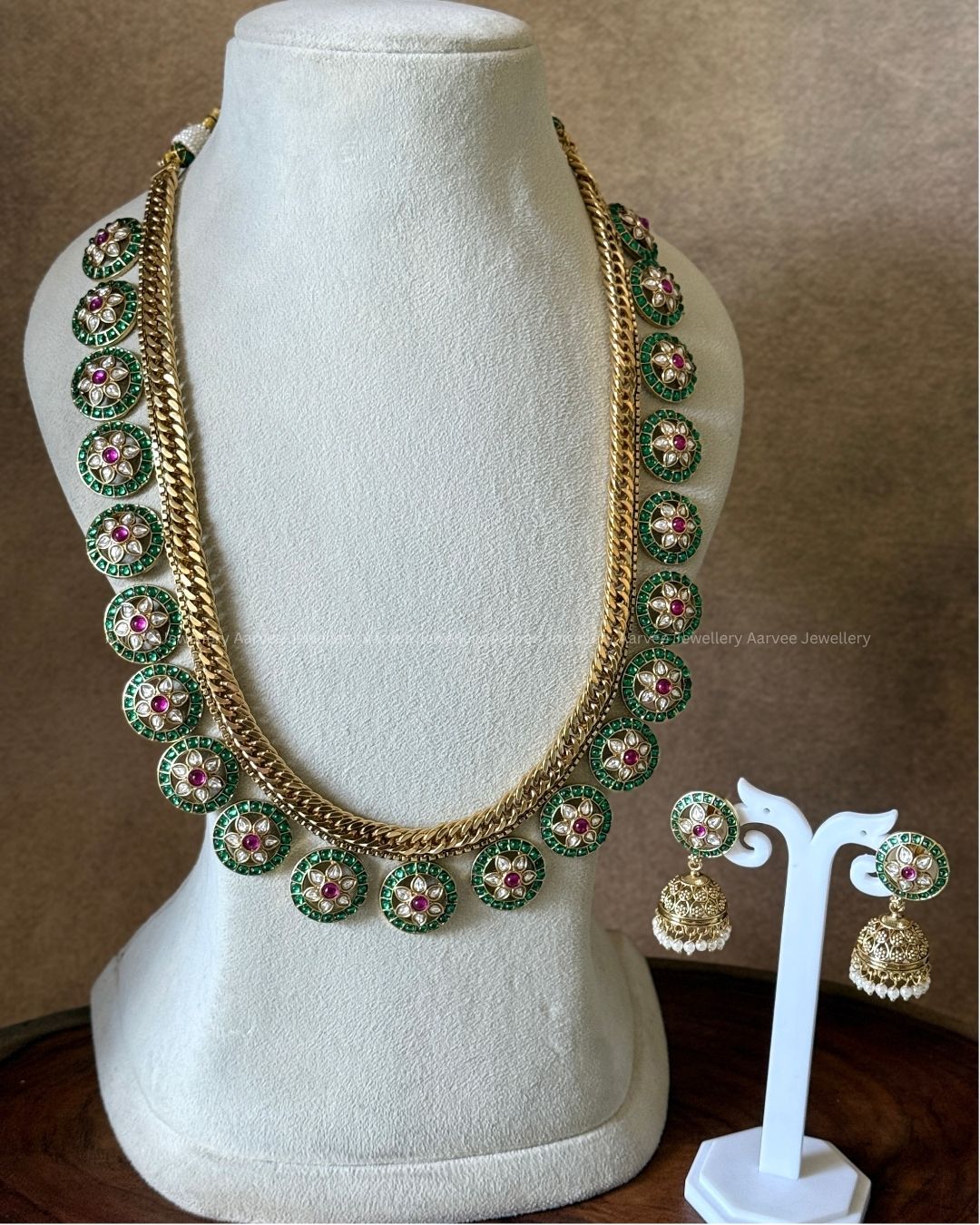 PREMIUM GREEN/RUBY/WHITE KUNDAN STONE JALEBI STYLE BOTTU MALA HARAM SET