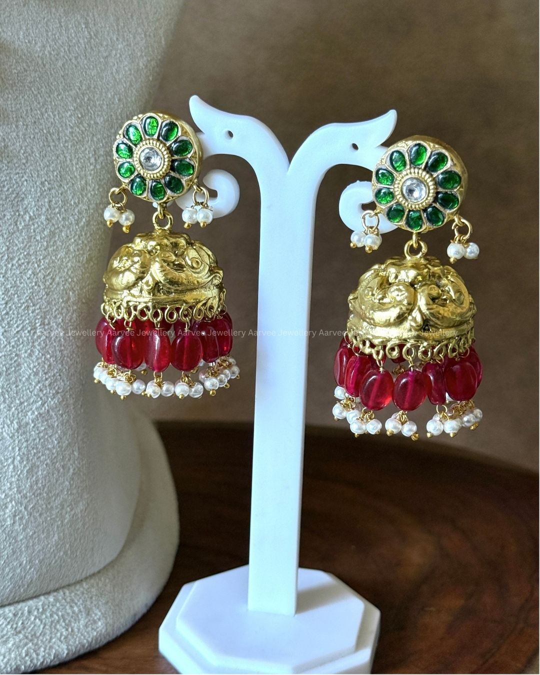 JADAU KUNDAN GREEN STONES LOTUS NECKLACE SET WITH RUBY BEADS