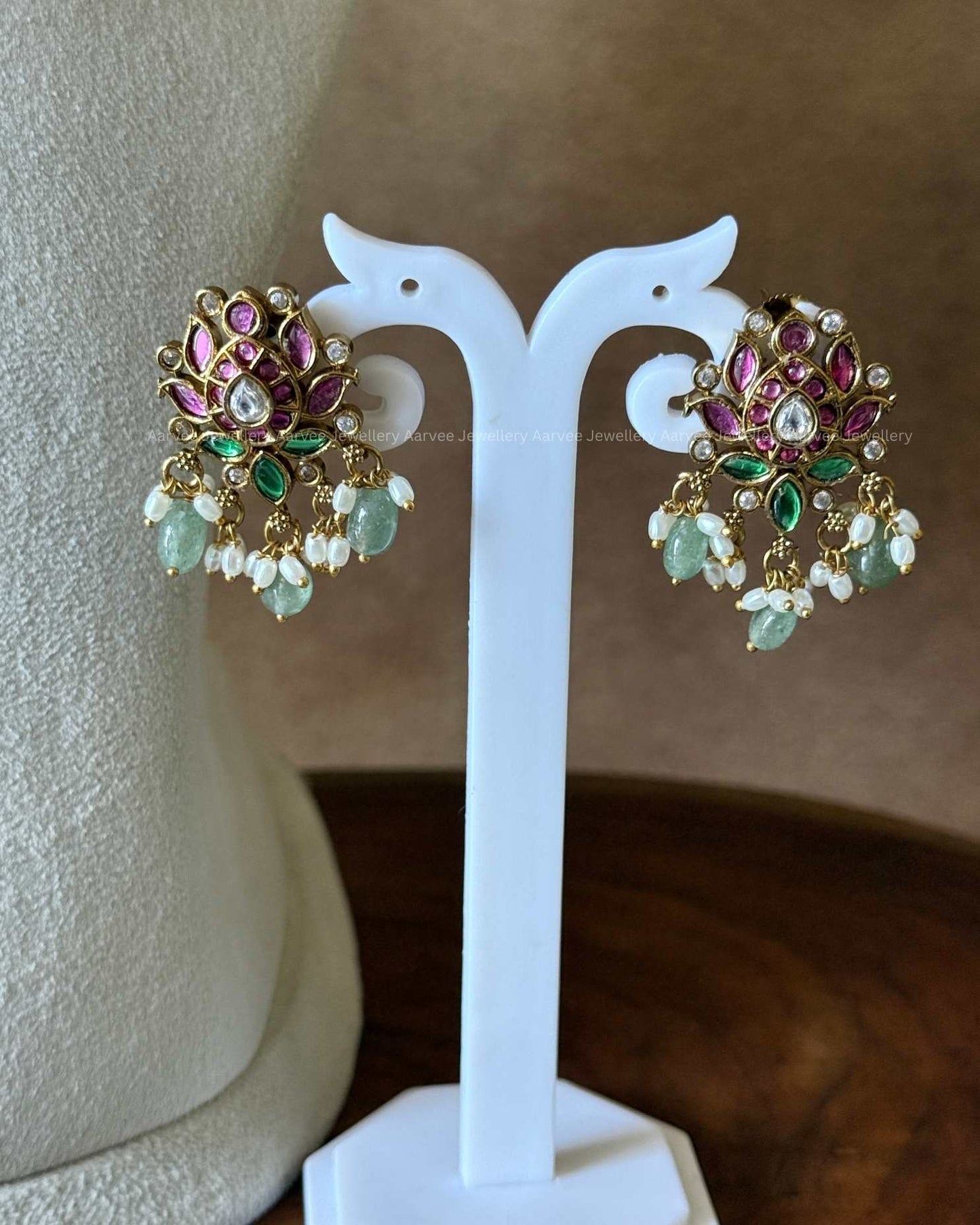 PREMIUM PINK/GREEN KUNDAN STONE LOTUS NECKLACE SET WITH PASTEL BEADS