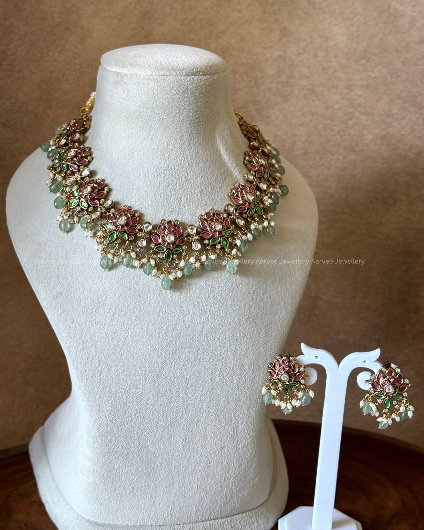 PREMIUM PINK/GREEN KUNDAN STONE LOTUS NECKLACE SET WITH PASTEL BEADS