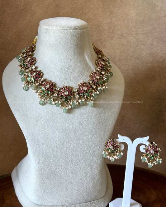 PREMIUM PINK/GREEN KUNDAN STONE LOTUS NECKLACE SET WITH PASTEL BEADS